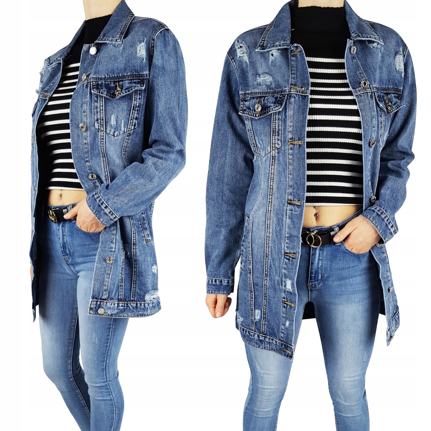 Džínová Bunda Katana Dlouhá Jeans Dámské díry