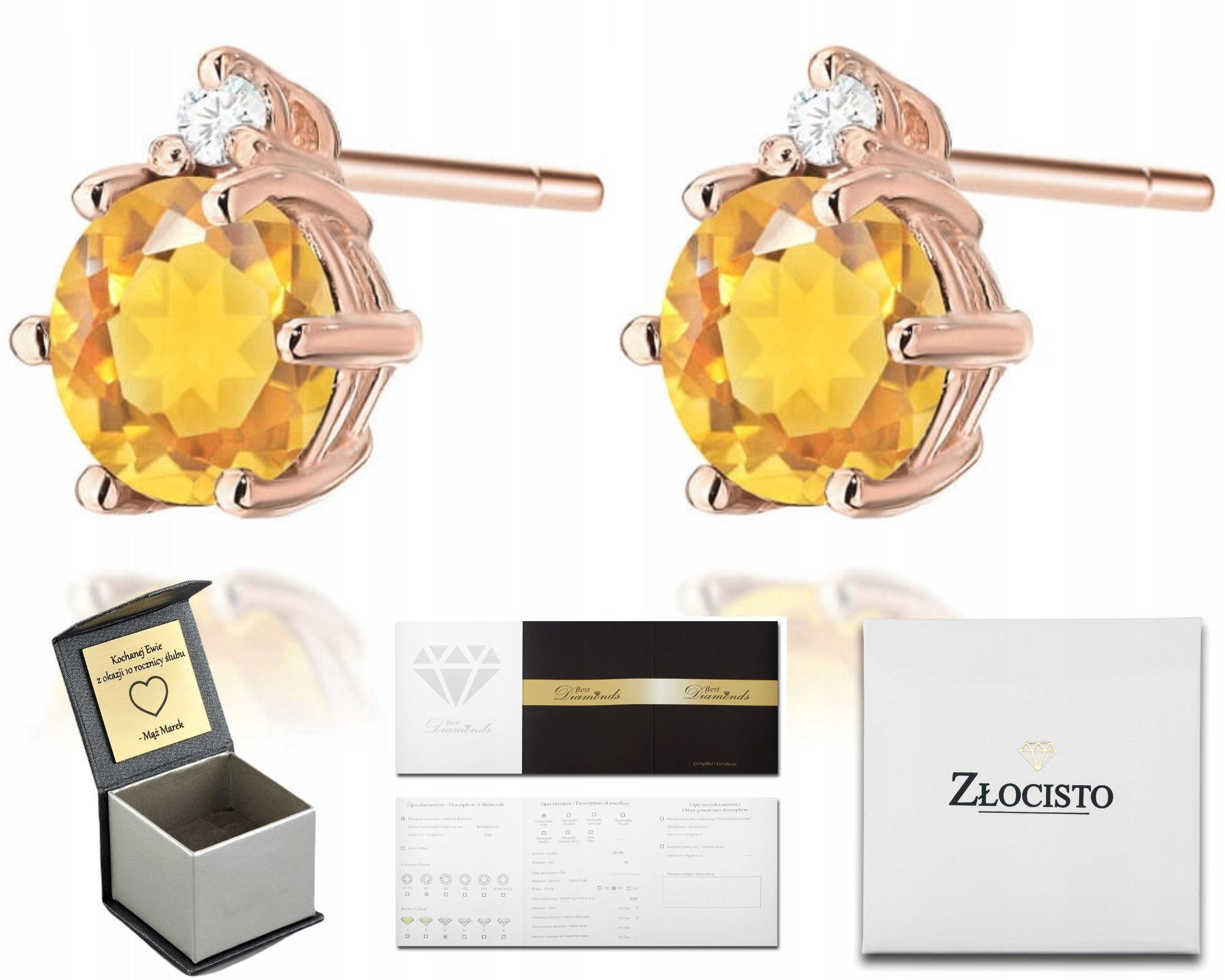 Náušnice V Růžovém Zlatě S Citronem A Briliantem 585 Dárek Gravírování
