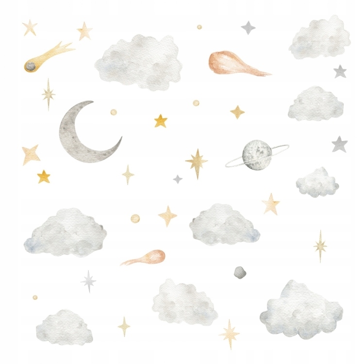NAKLEJKI NA ŚCIANĘ DUŻY ZESTAW KOSMOS KSIĘŻYC CHMURKI GWIAZDKI L