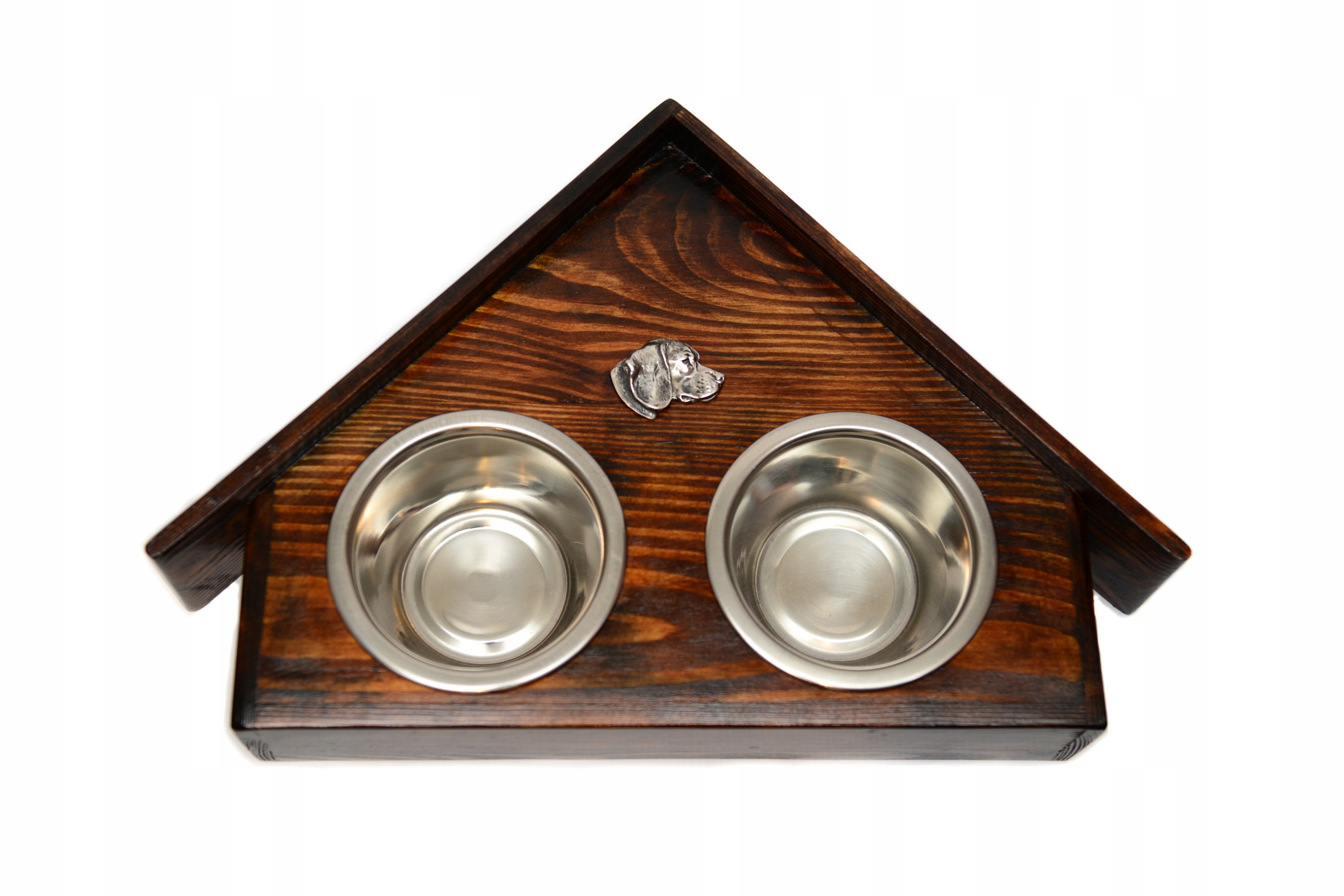 Levně Stojan s miskami pro psa, masivní dřevo, pevné ocelové misky Beagle