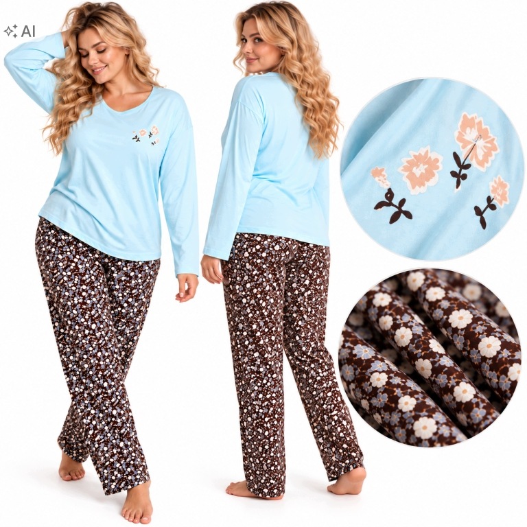 5471 Dámské pyžamo 100% Bavlna Dlouhý rukáv Pohodlné 46 48 3xl 4xl 1