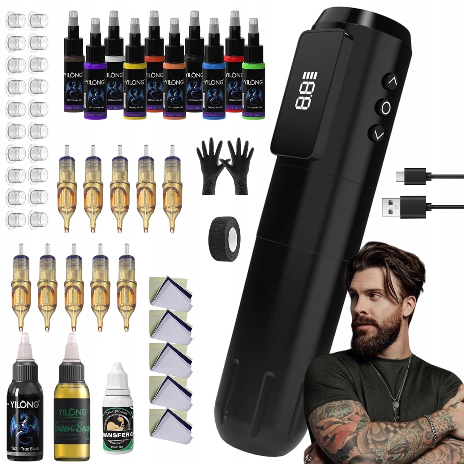 Bezdrátový Tattoo Pen Set 1600 Mah Inkousty Jehly Kůže Pro Učení