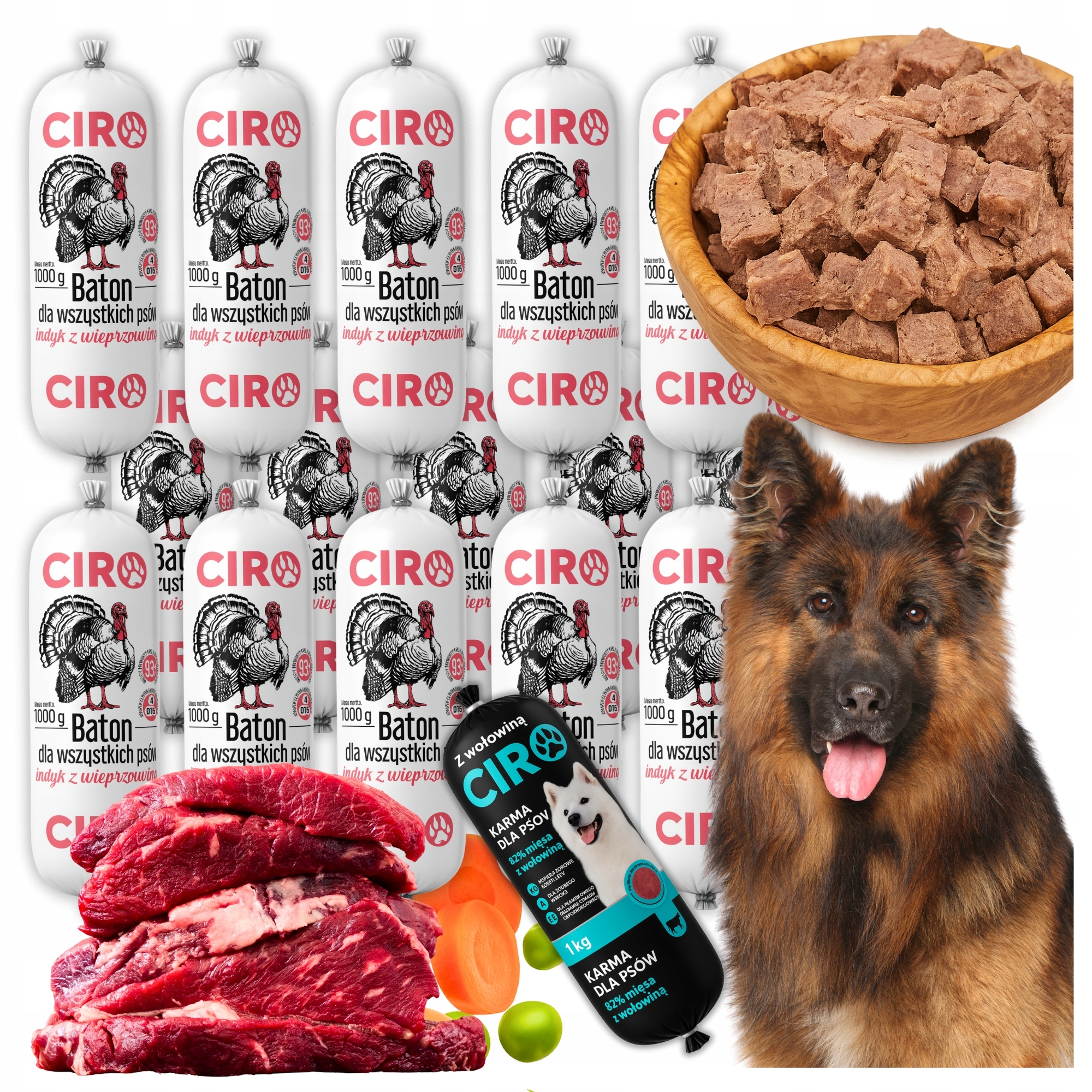 Levně Krmivo Mokré Pro Psa Tyčinka Krůta S Vepřovým Masem Ciro 93% Masa 20KG +dárek