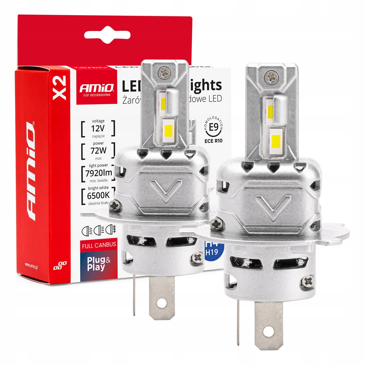 Led žiarovky H4/H19 pre reflektory Canbus 6500K AMiO X2 Csp 2ks IP67 12V