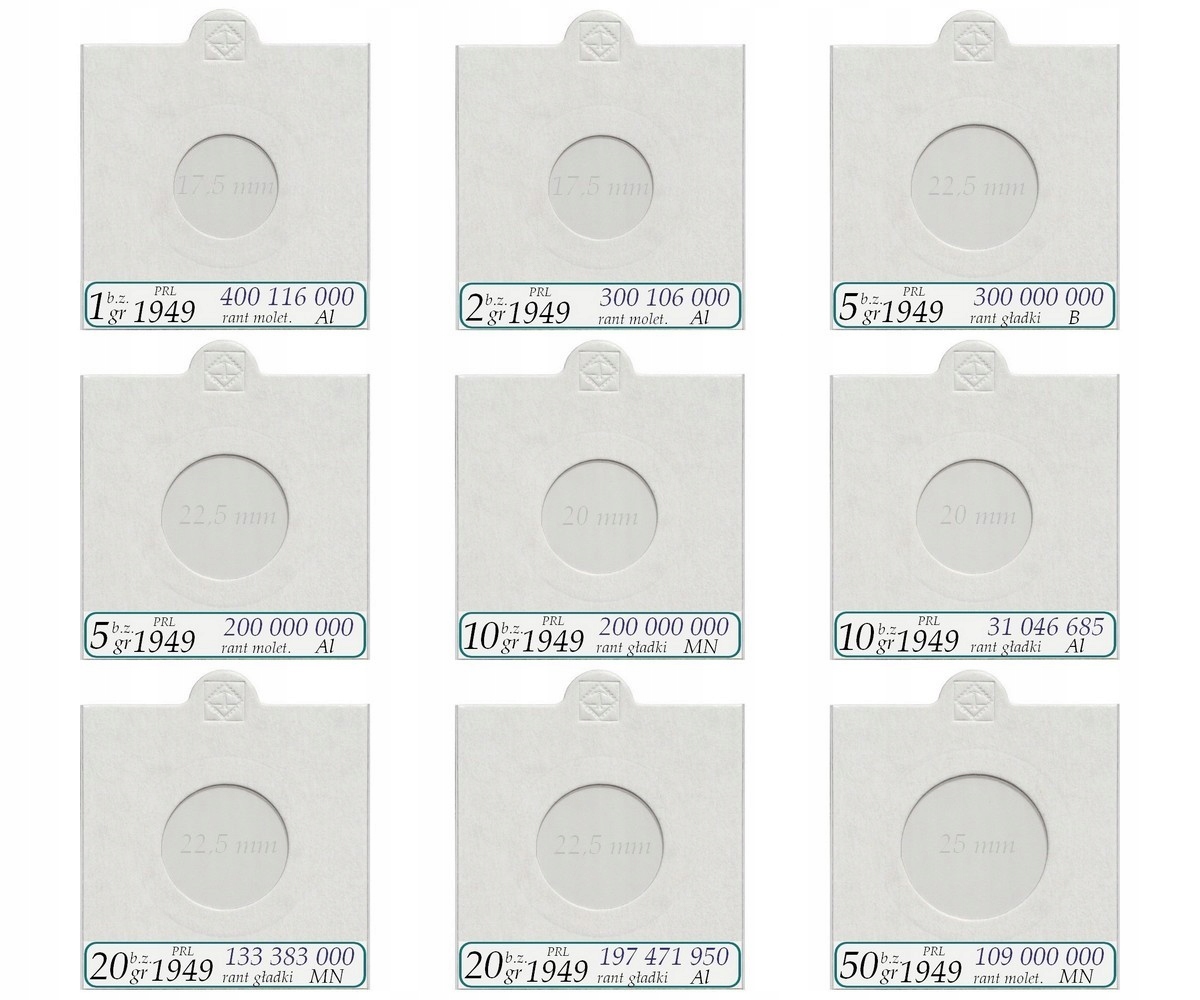 Sada 267 držáků na mince Prl 1949-1990 popisky