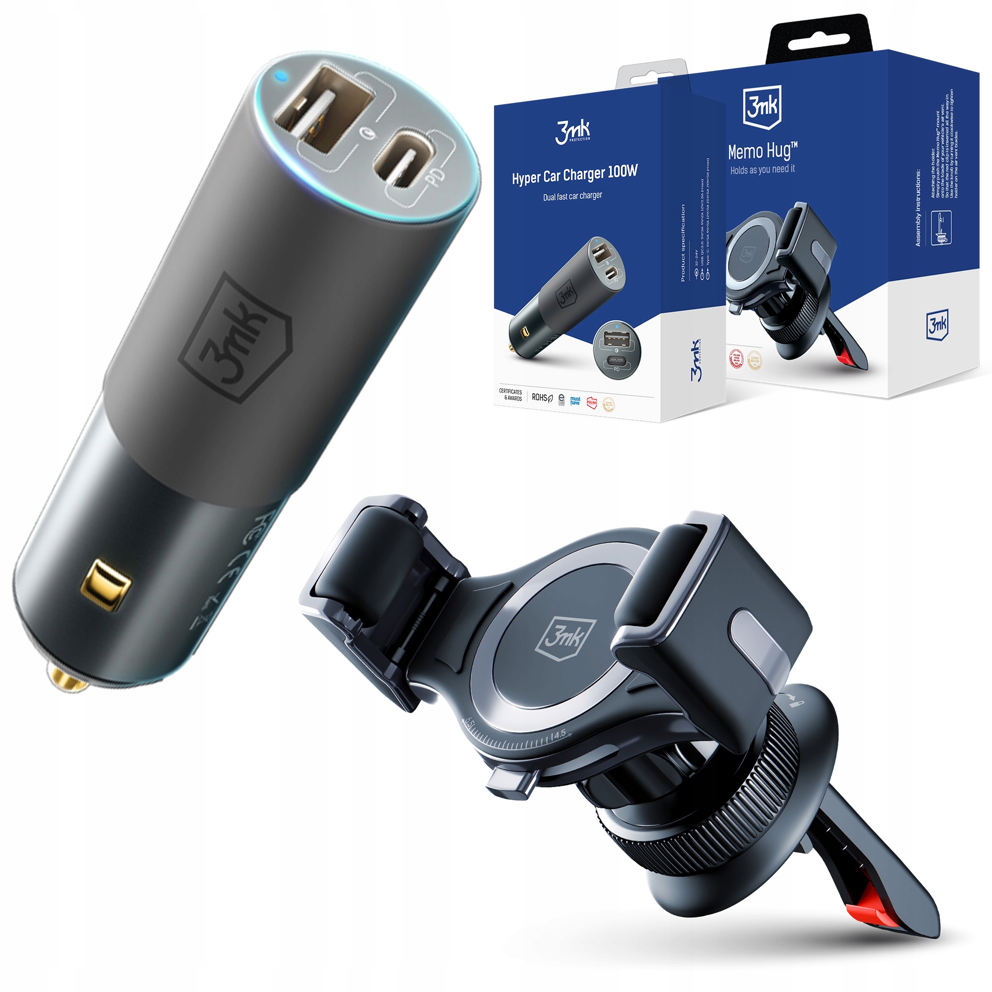 Uchwyt na kratkę nawiewu 3mk Memo Hug Ładowarka samochodowa Charger 100W