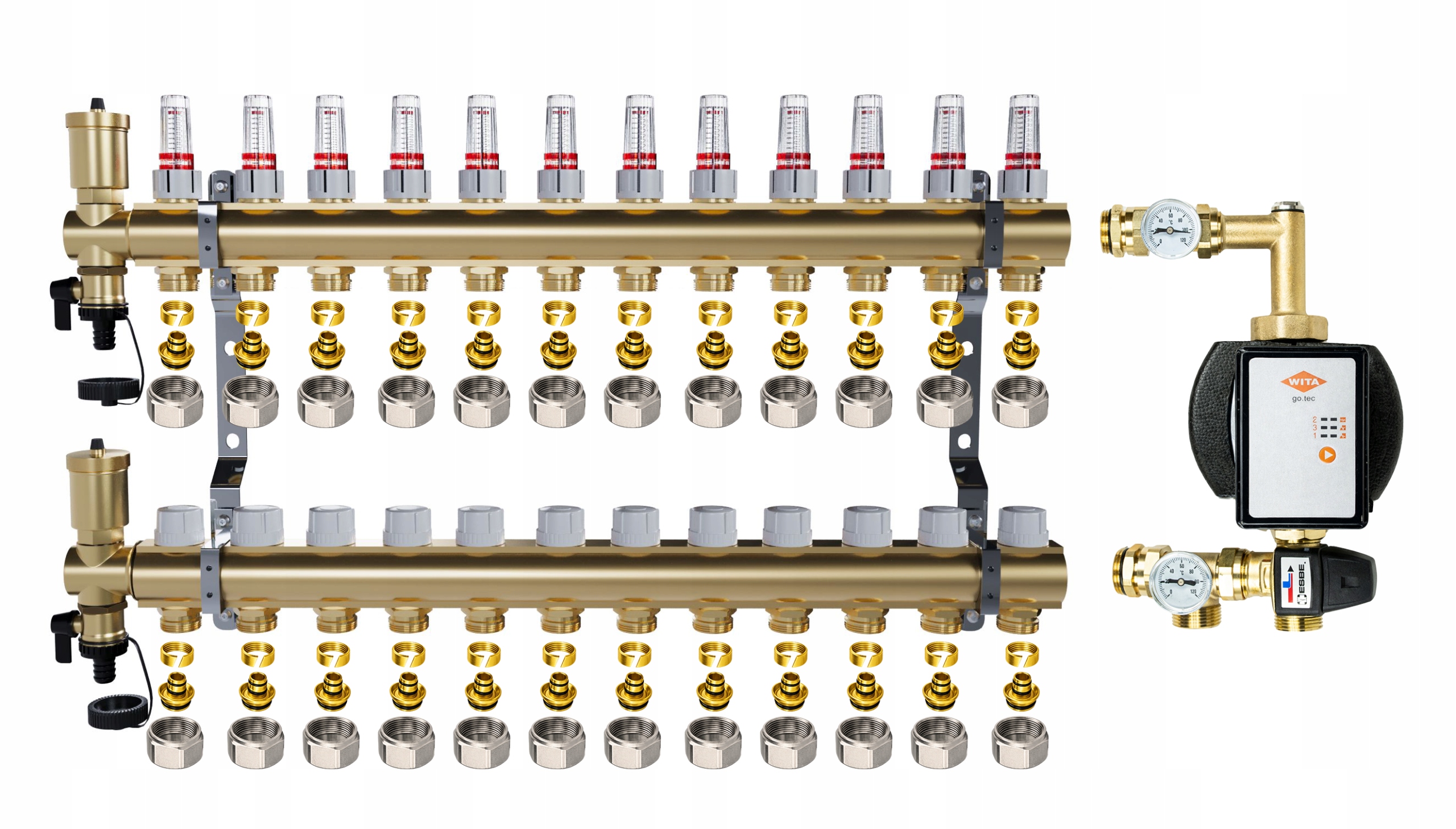 Rozdělovač pro podlahové topení 12 sekcí Spojky Pex Čerpadlo Wita