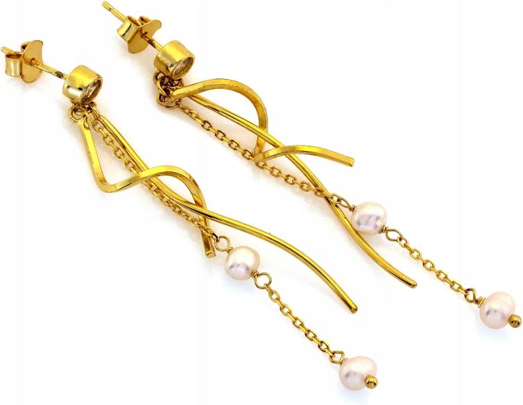 Stříbrné náušnice 925, pozlacené, dlouhé, pohyblivé, s perlou, nepravidelná tyčinka