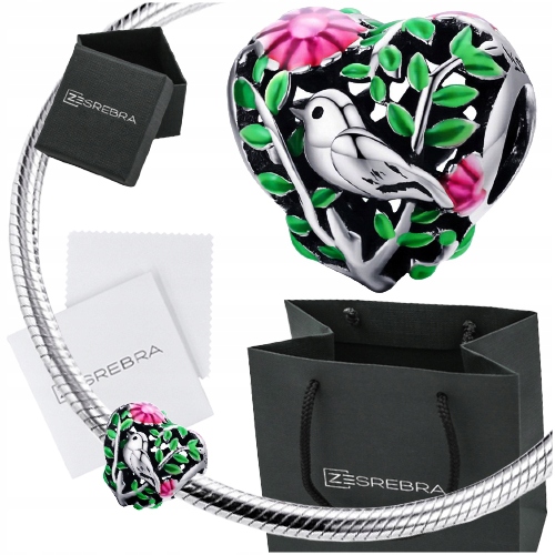 

Charms zawieszka Serce Ptak koralik Srebro 925