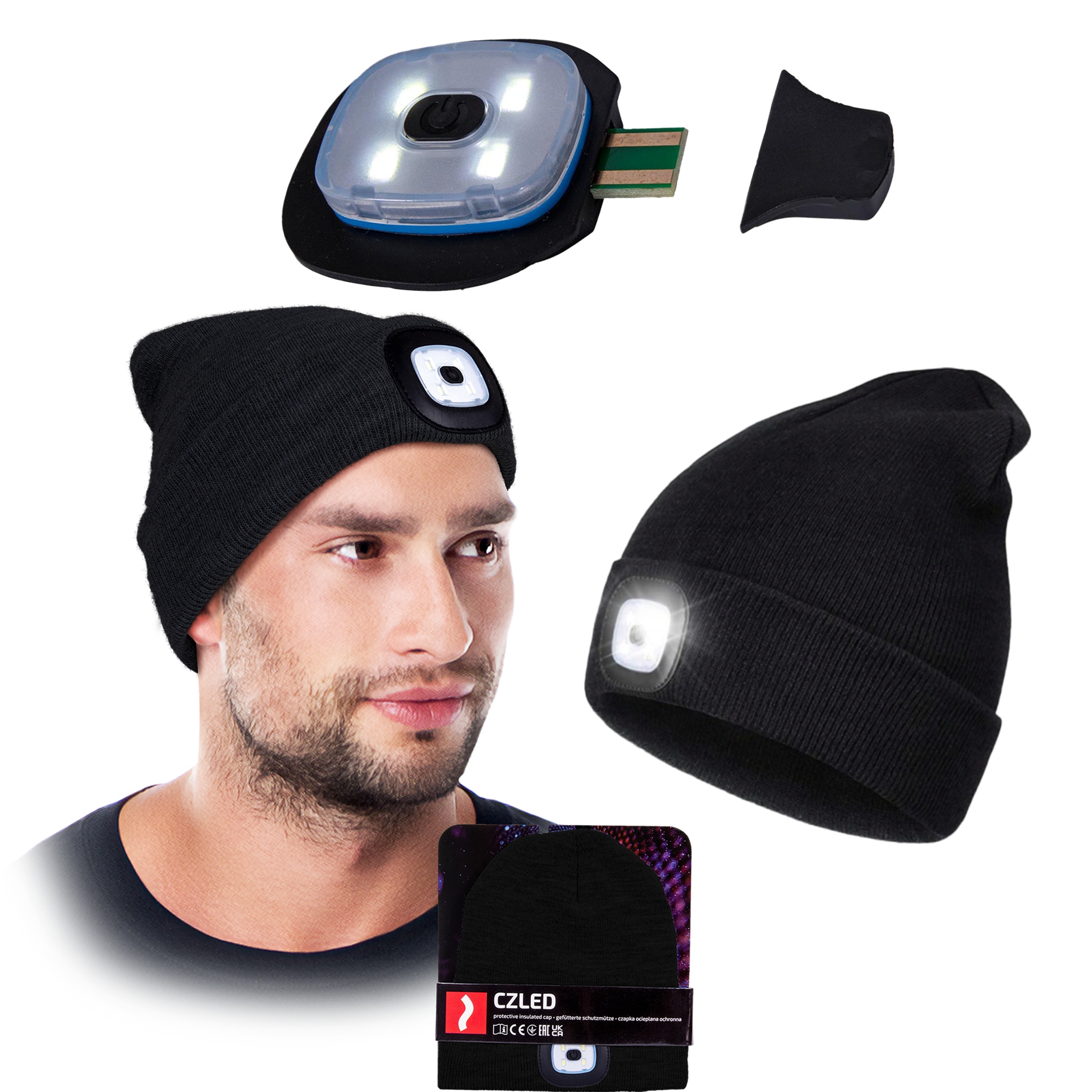 Czapka Z Wbudowaną Latarką Mocna Led Usb 3 Poziomy Zimowa Polar Ciepła Reis