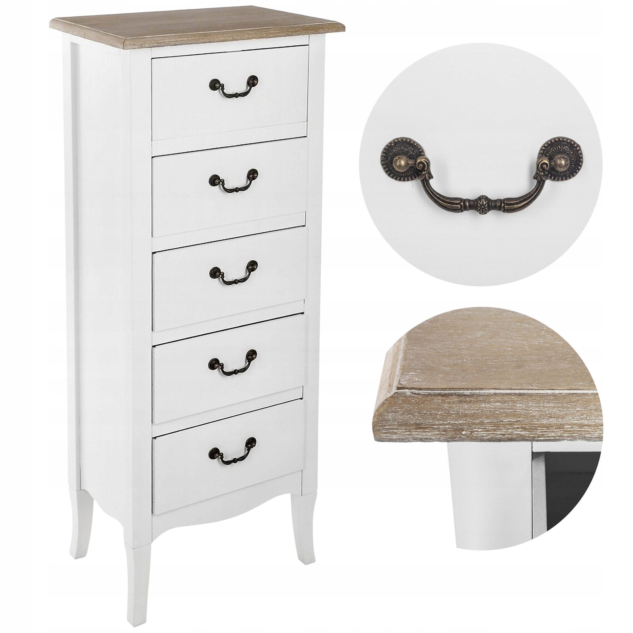 Klasická biela komoda s 5 zásuvkami do obývačky a spálne na skladovanie