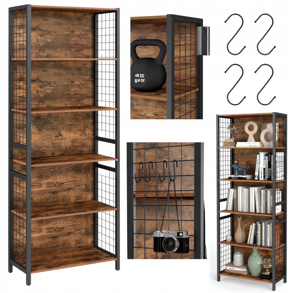 Regál Loft do obývačky, kancelárie, polica, skrinka na knihy, dekorácie háčiky