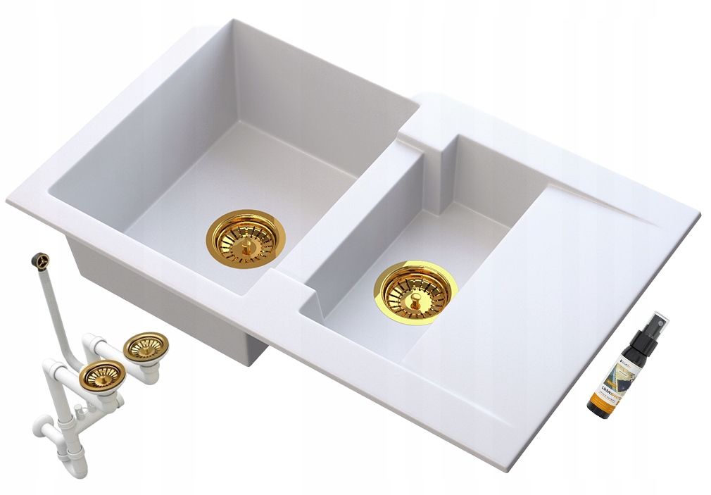 Granitový drez Forma s polovičným morom, sada, zlatý sifón