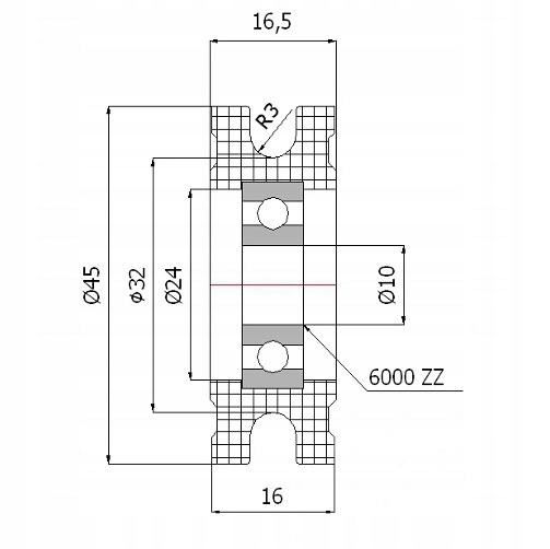ROLKA fi.45mm NA LINĘ 6mm TWORZYWOWA SZOTY BLOCZKI Kod producenta C45/6Ł