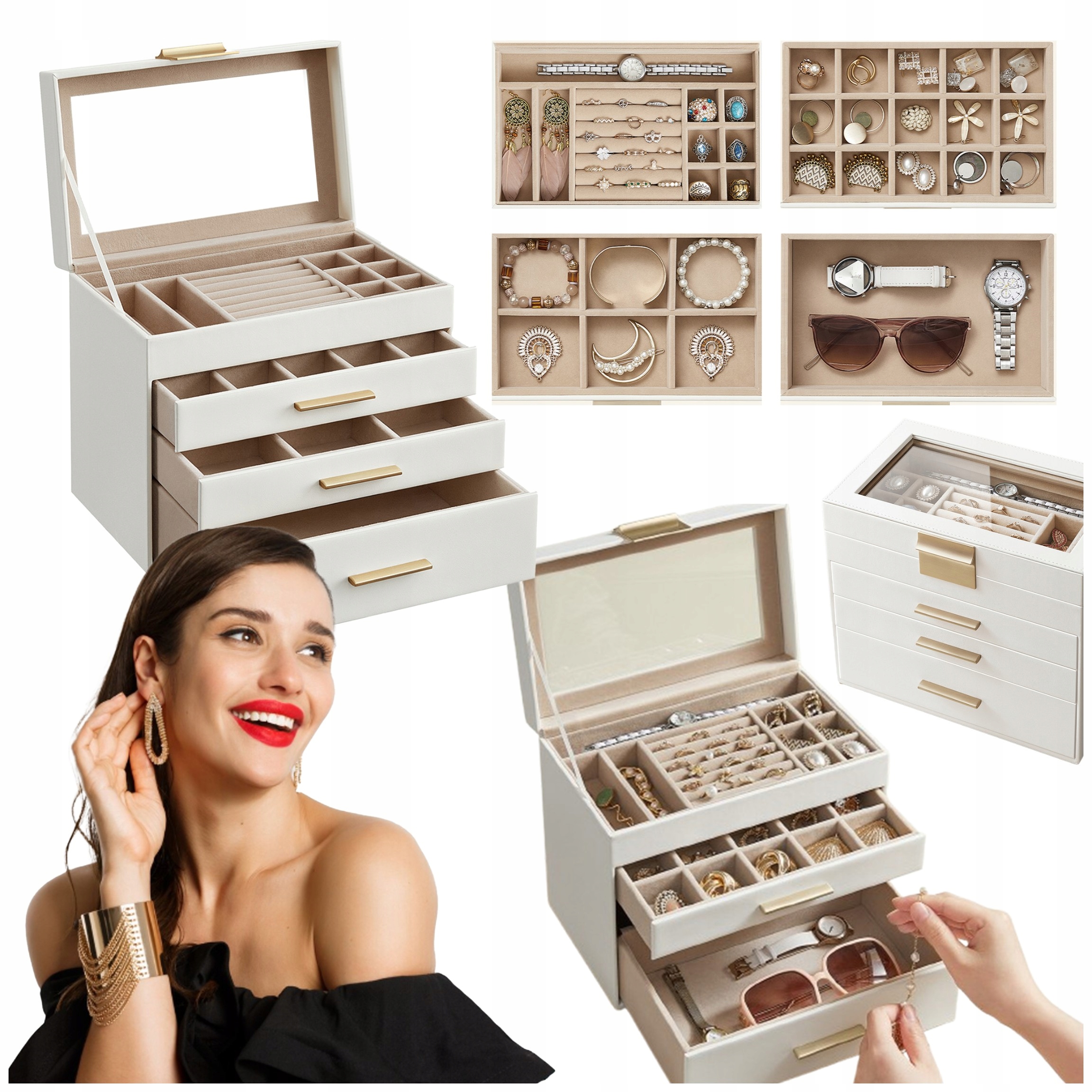 Krabička na Náušnice Prsteny 4 úrovně 3 zásuvky Kufřík Organizér