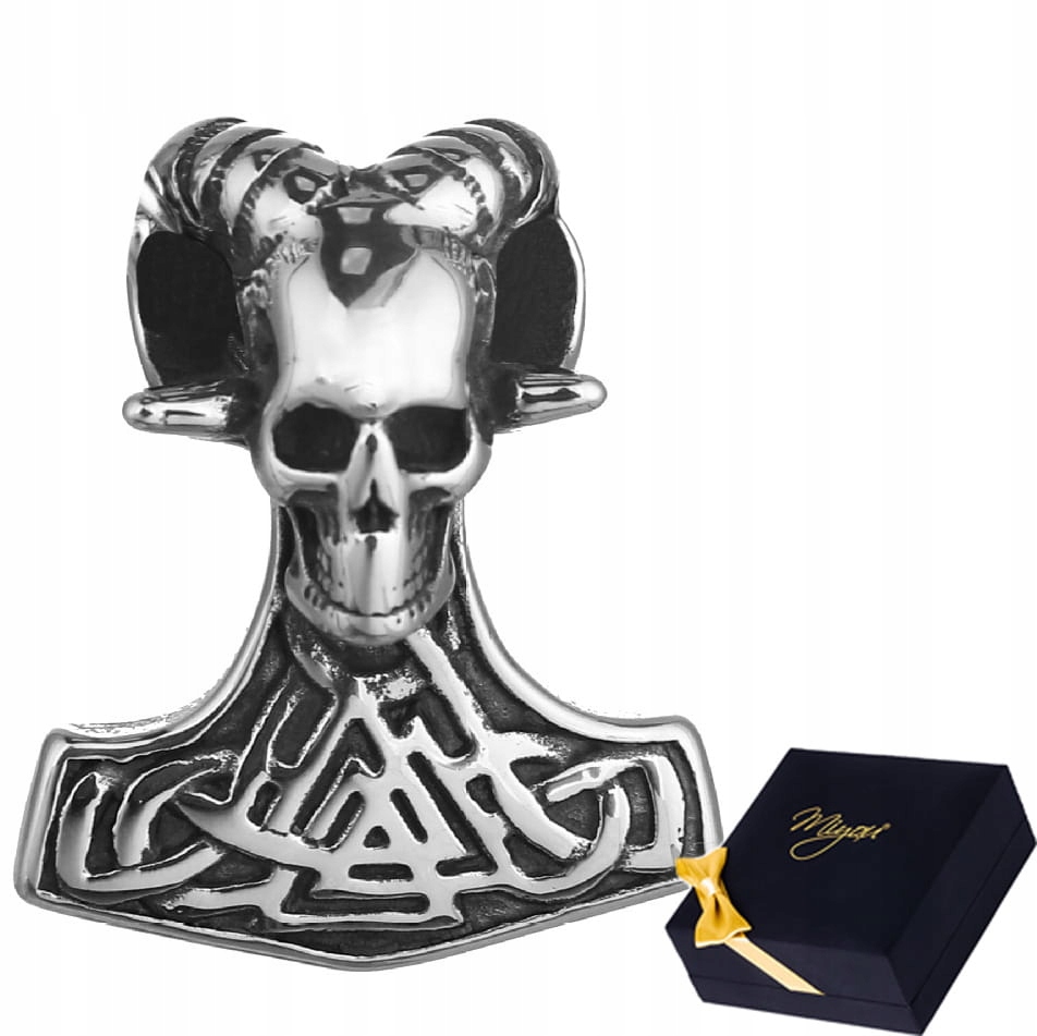 Srebrny Wisiorek Męski Mjolnir Z Czaszką Stal