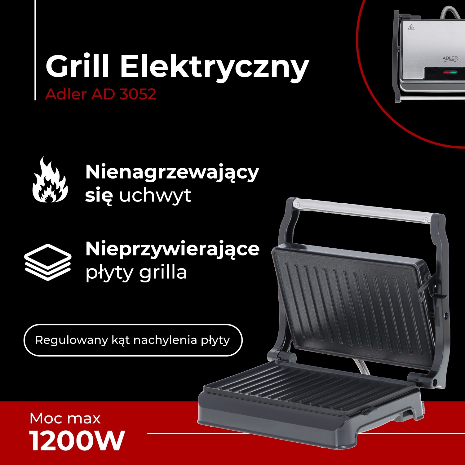 Grill Elektryczny Adler AD 3052 1200W Teflonowe Płyty Regulacja Nachylenia