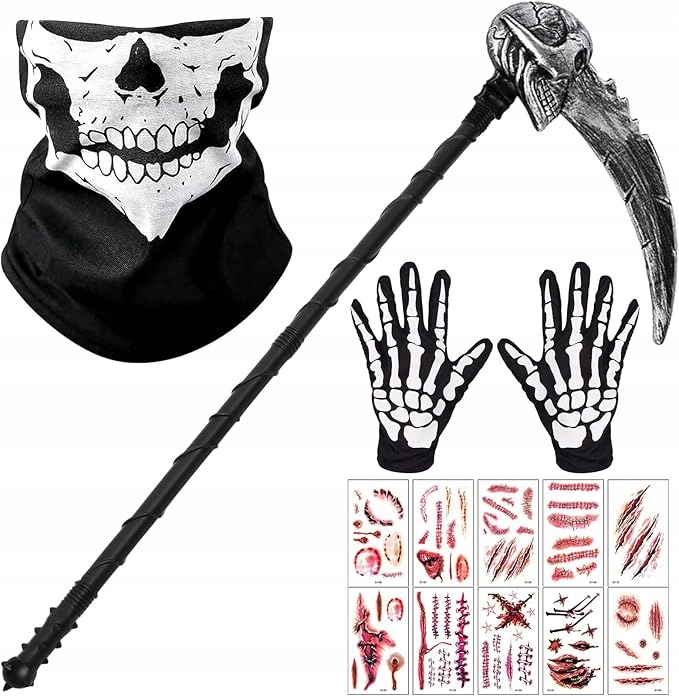 Set Kostým Halloween Smrt Maska S Lebkou Kosa Rukavice Samolepky Jizvy