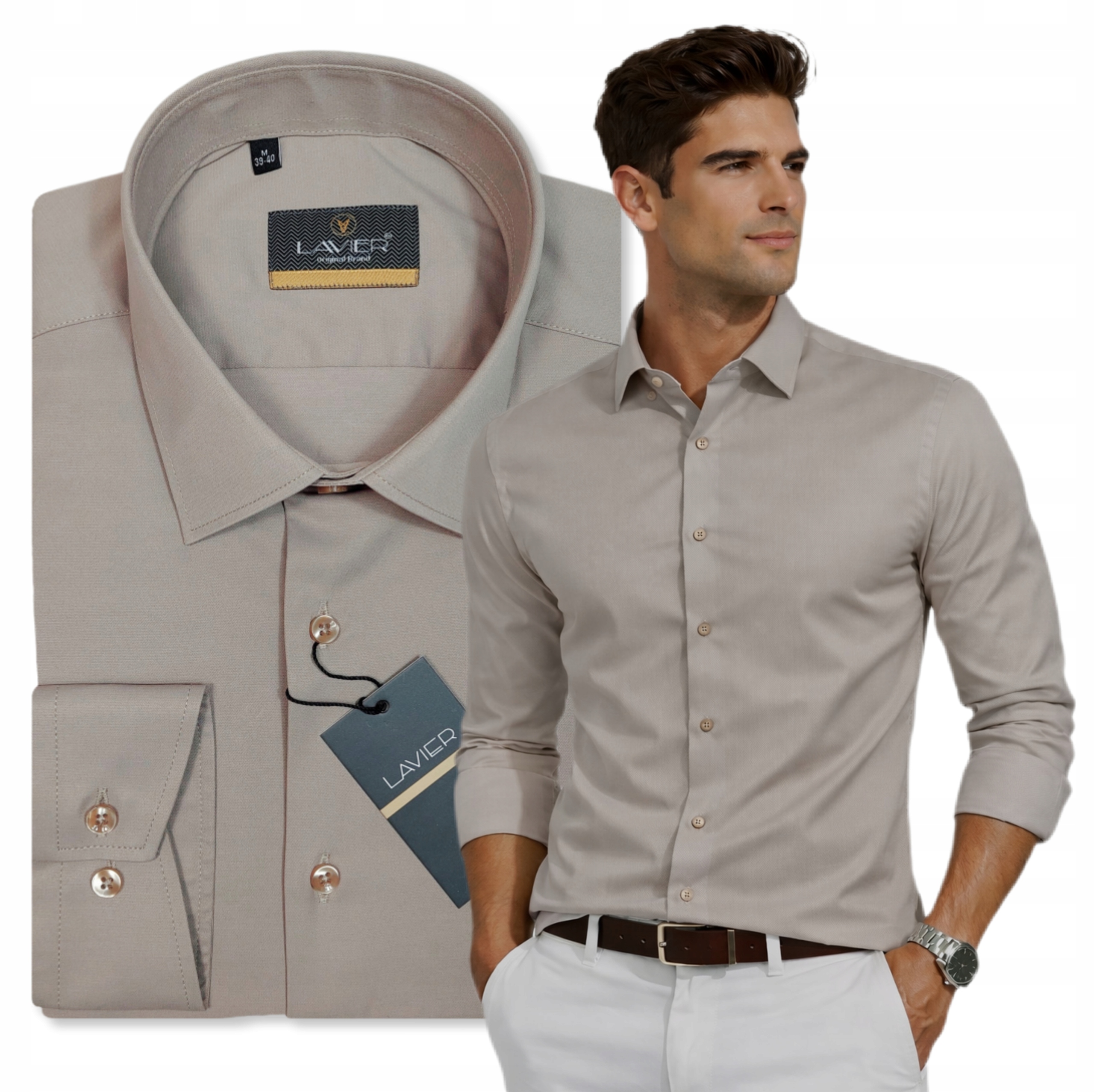 Pánská hladká košile Mocca Lavier – elegantní, Slim Fit, bavlněná, vel.