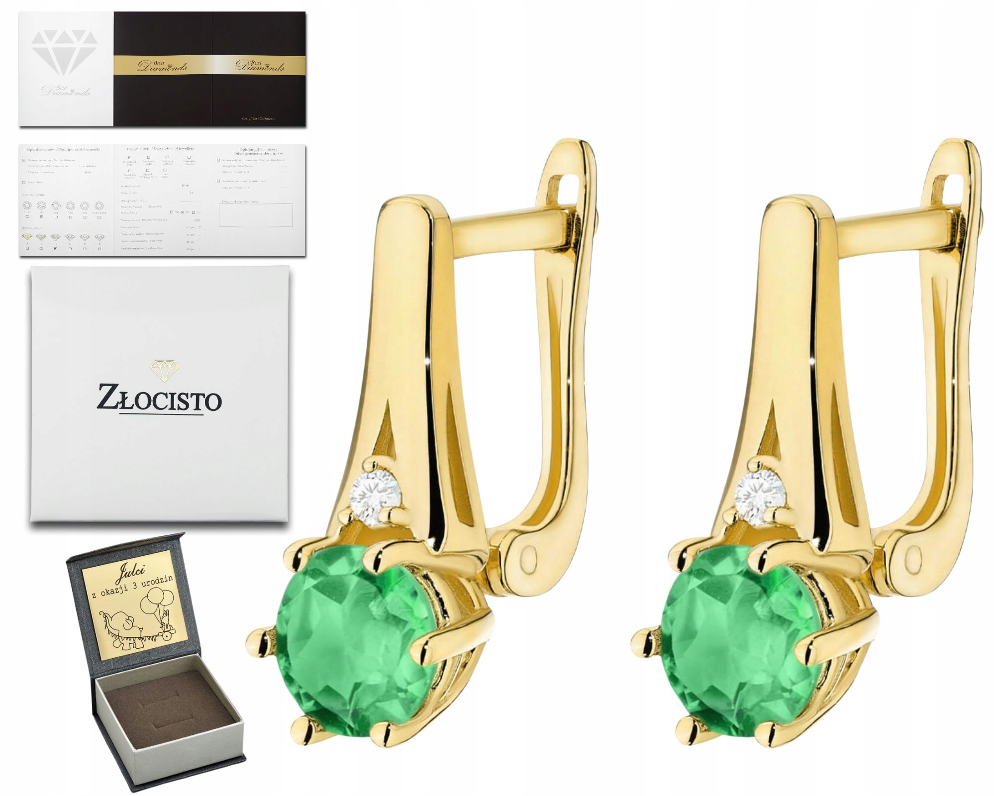 Náušnice Se Smaragdem Briliant Zlato 585 14K Dárek Gravírování