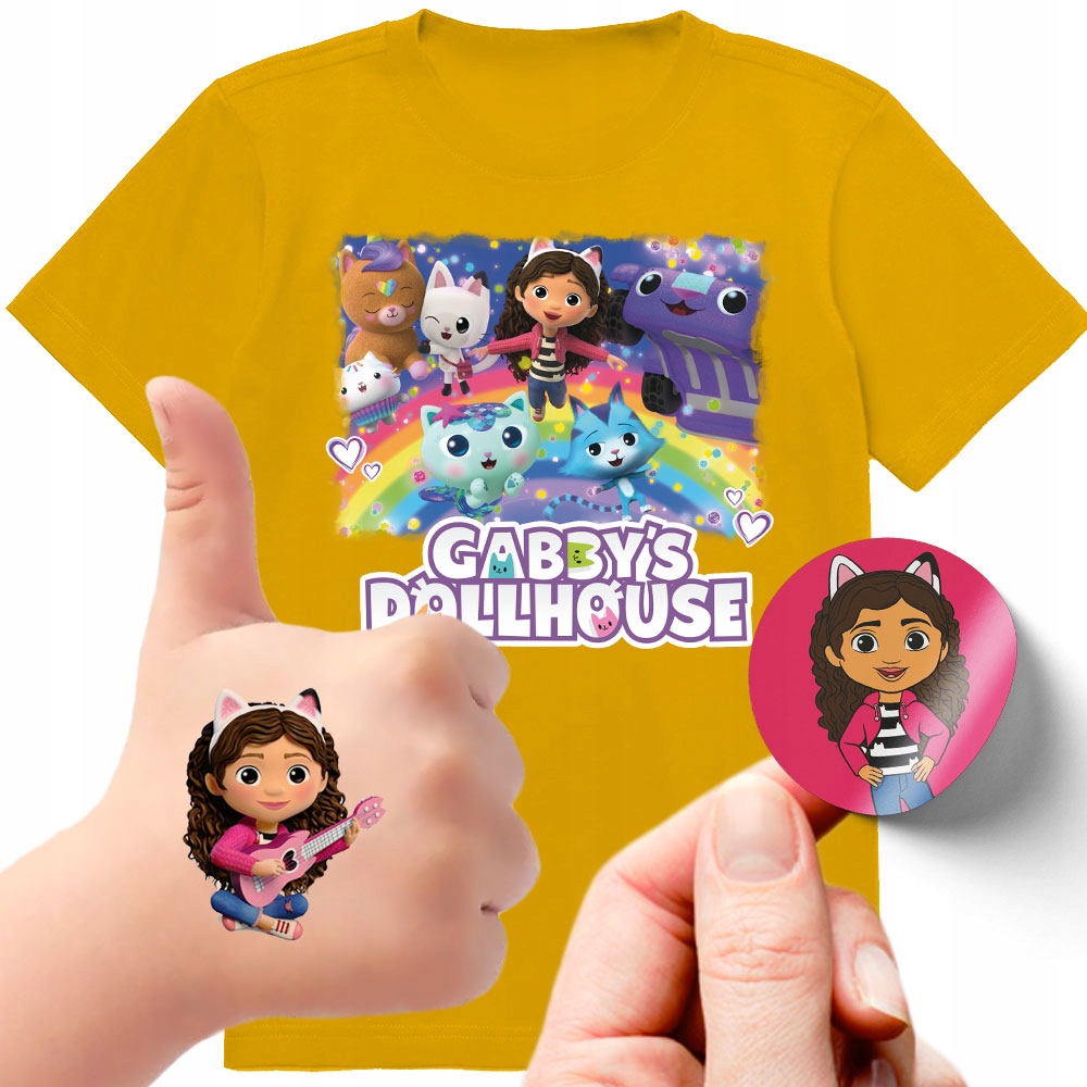 ZESTAW 3W1 KOSZULKA DLA DZIECI TATUAŻE NAKLEJKI KOCI DOMEK GABI 116 JAKOŚĆ