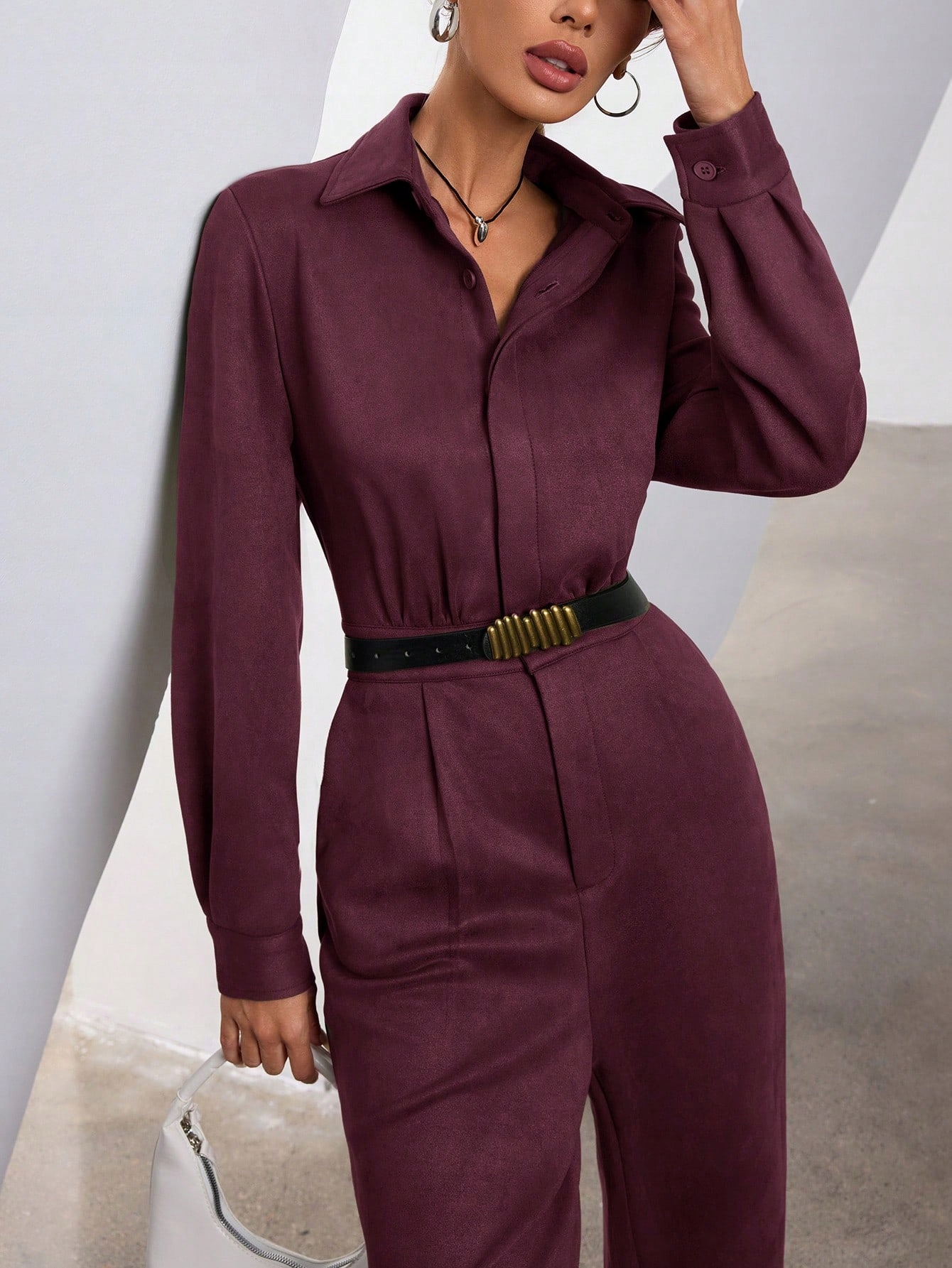Semišový Elegantní Stylový Oblek S Límečkem Fialový Shein, Velikost 40
