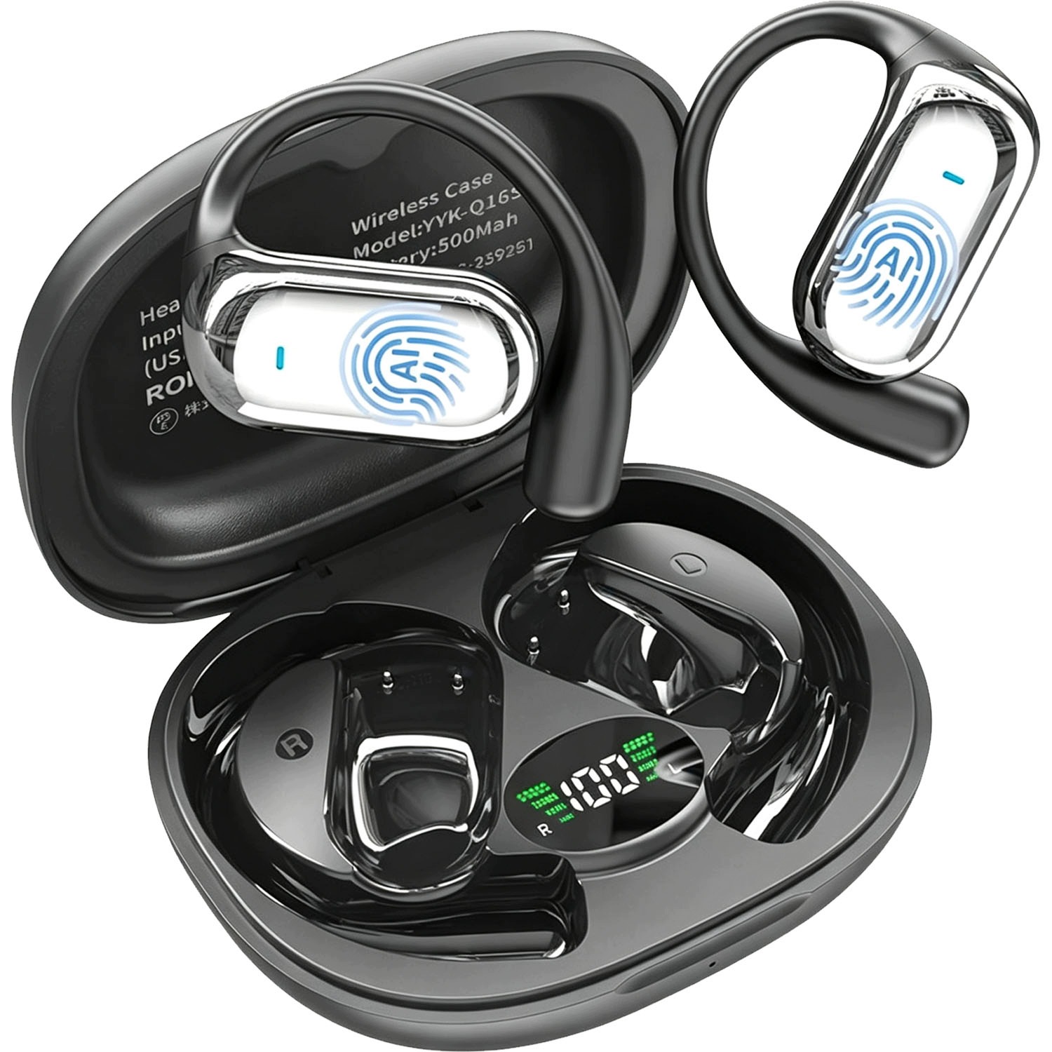Sluchátka s překladem Ai 198 jazyků Bluetooth 6.1 Otevřená 50H Černá