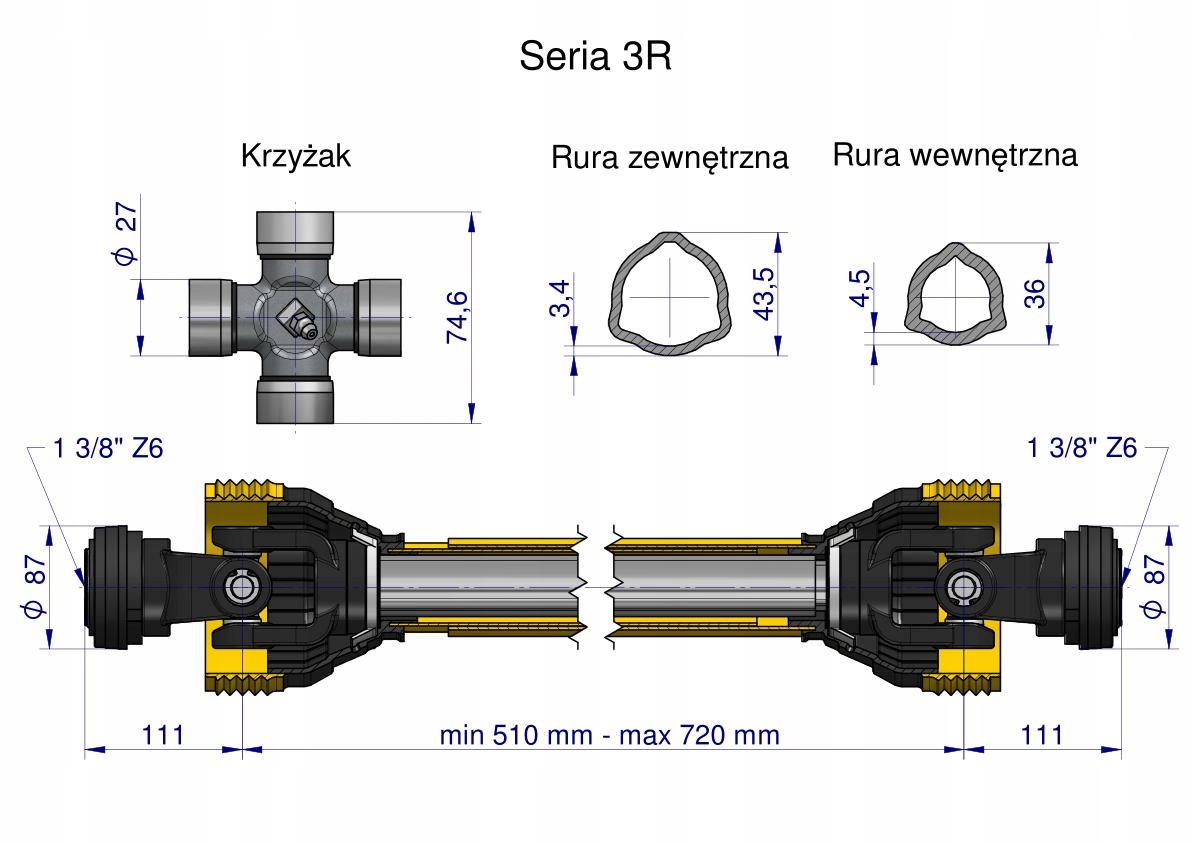 Wał przegubowo-teleskopowy 510-720mm 460Nm 50210 CE 2020 seria 3R WARYŃSKI Producent części Waryński