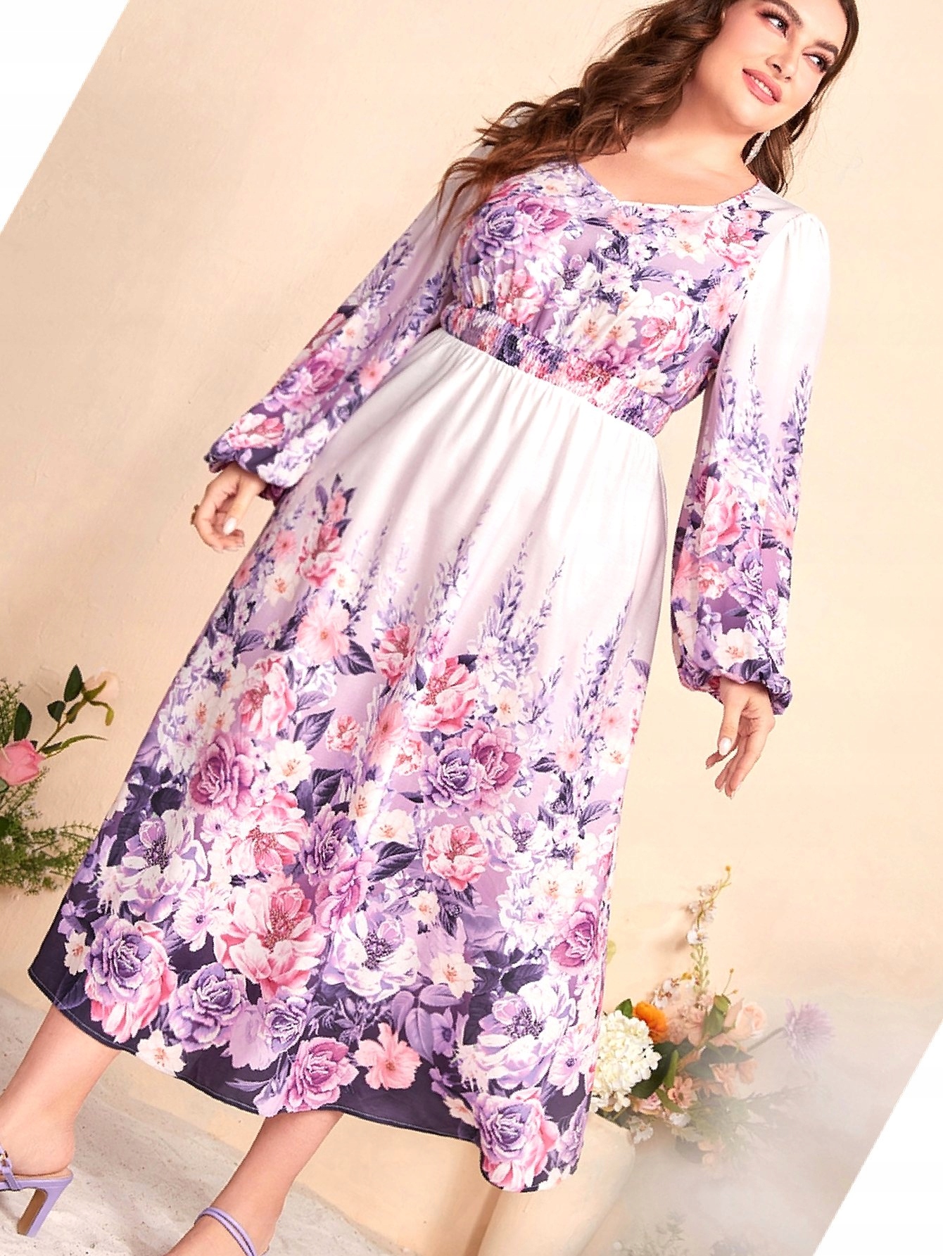 Šaty s bufiastými rukávy s květinami 5XL 50