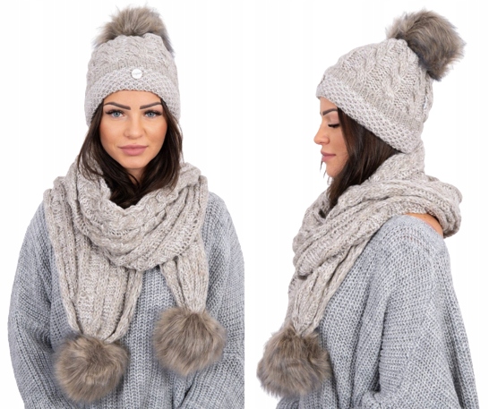 Dámský komplet čepice s bambulí a zimní šálou