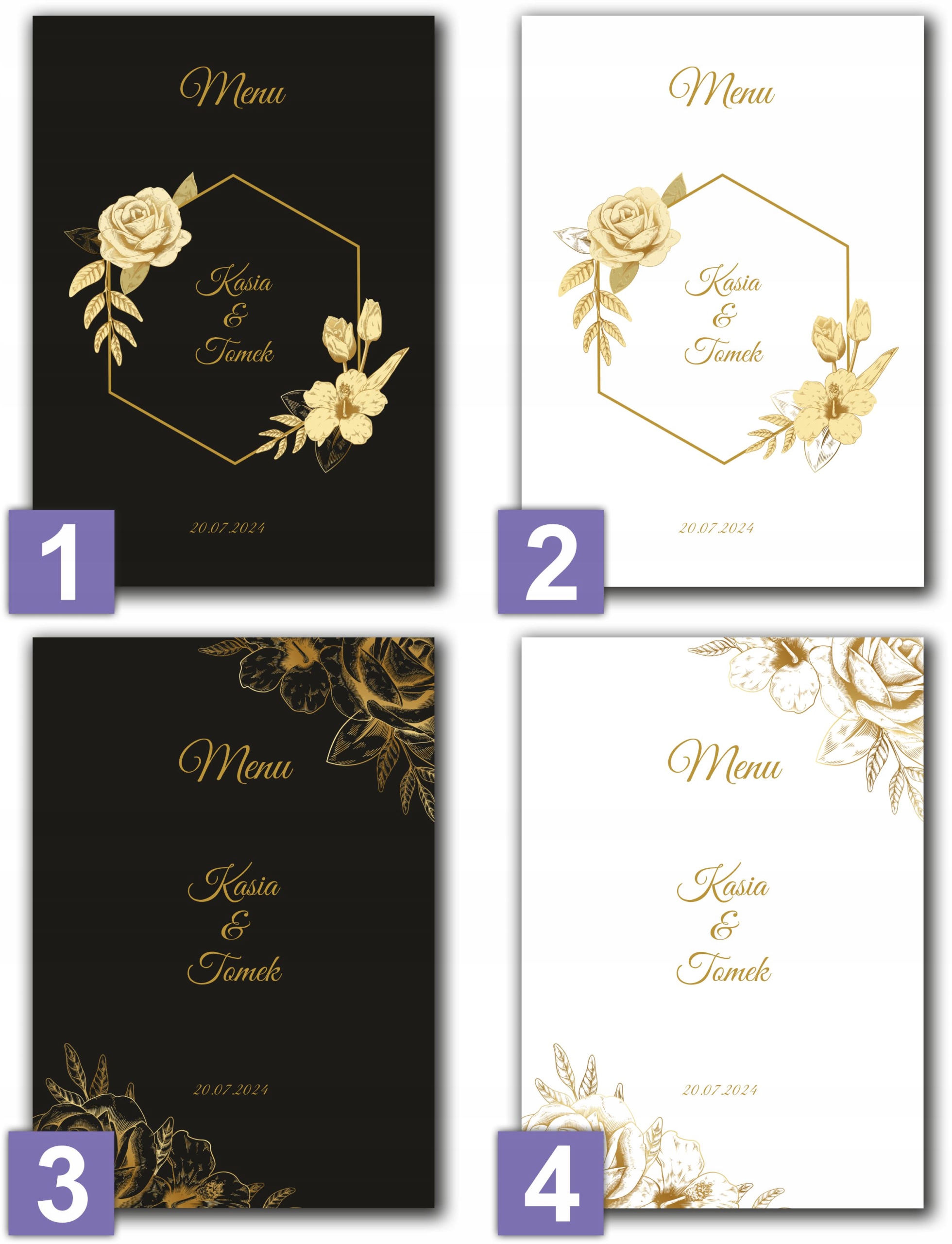 Menu weselne na ślub karta dań posiłków złote motywy Szerokość produktu 30 cm