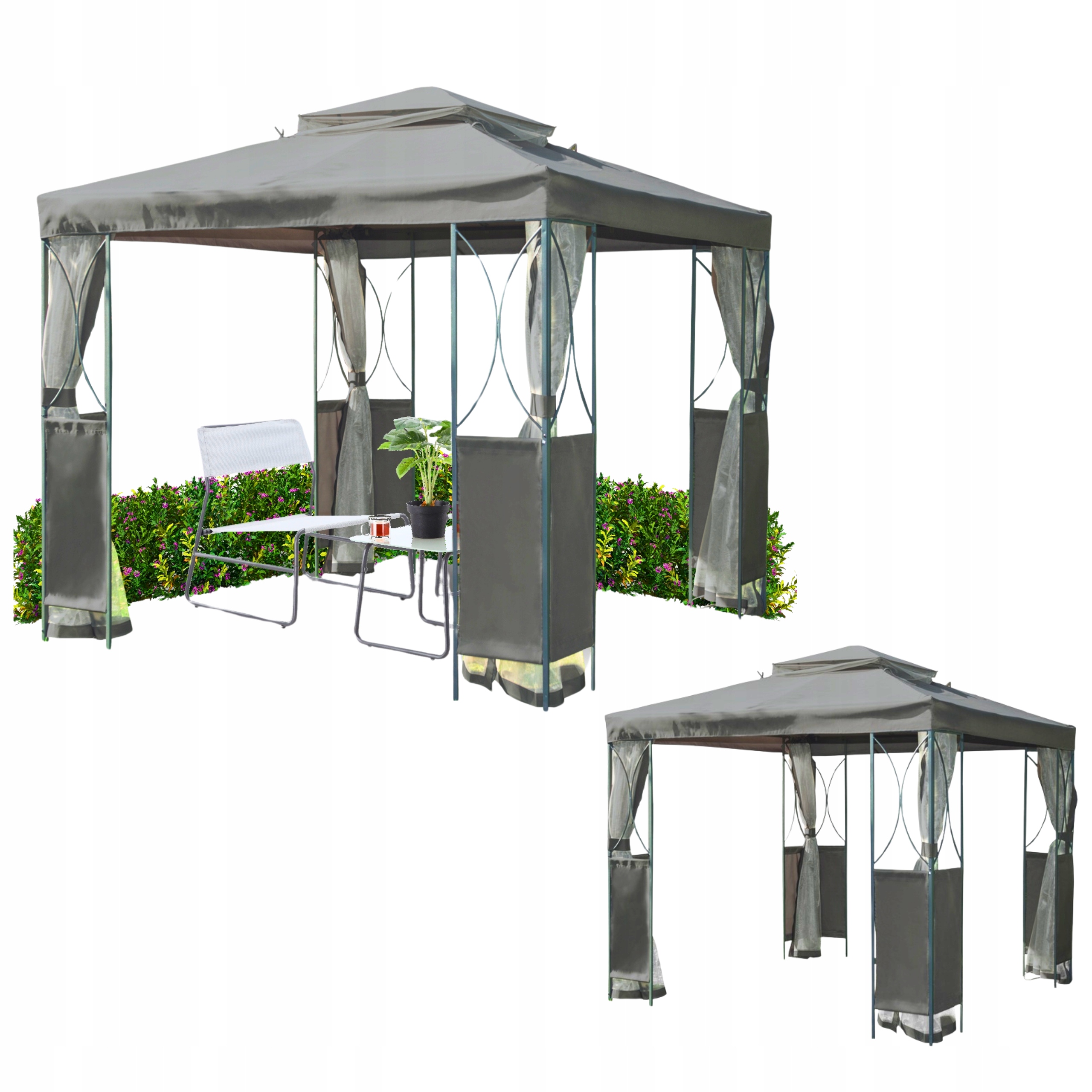 Zahradní párty altán s moskytiérou, šedý, 2,5 x 2,5 x 2,7 m