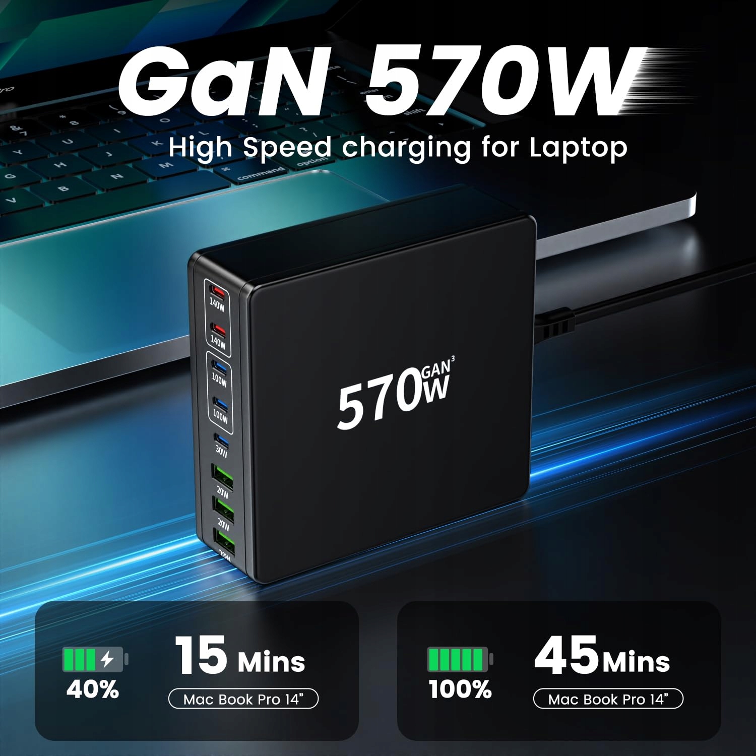 HSSNS Ładowarka USB C 570W 8-Portowa Stacja Ładowania Laptop MacBook iPhone — miniatura 2