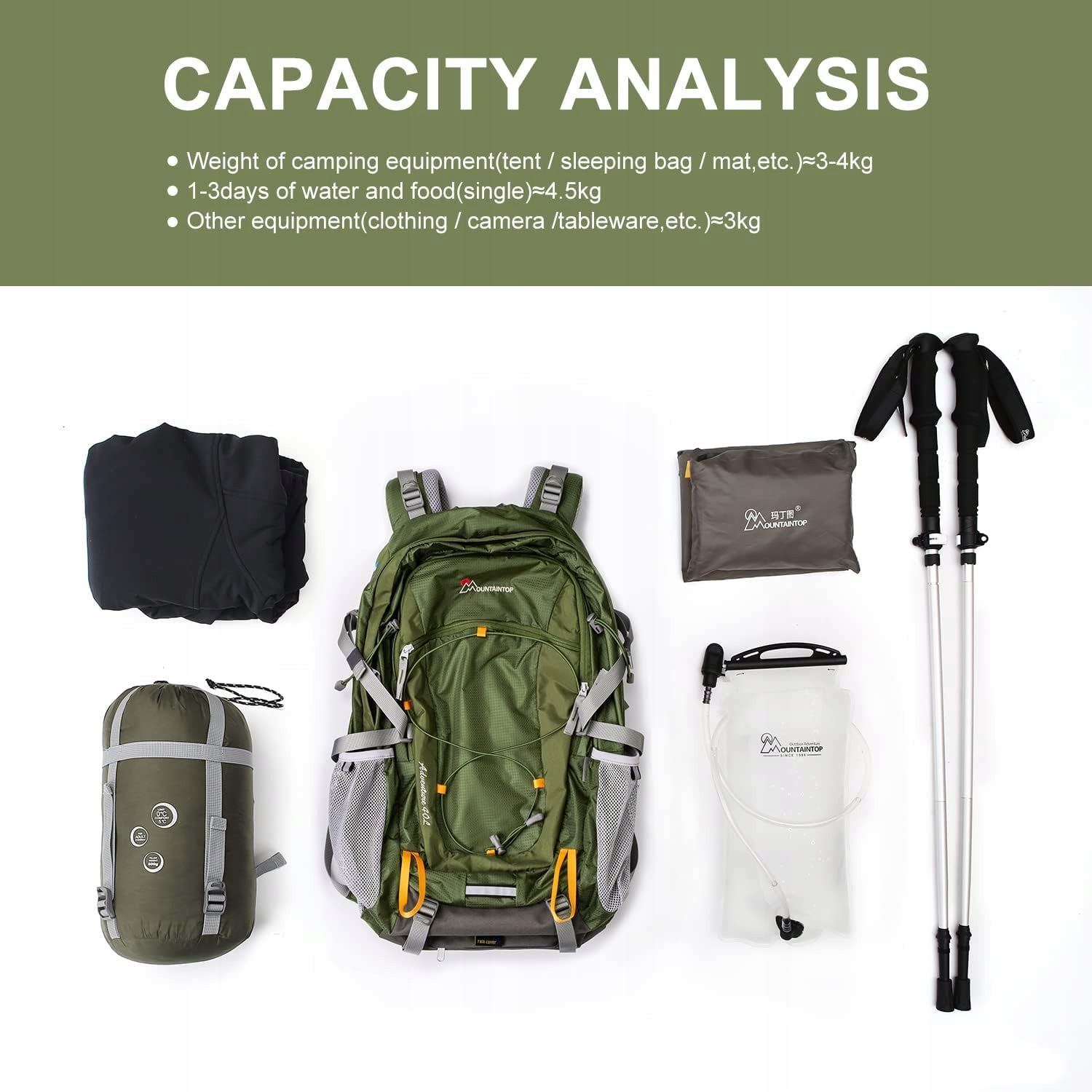 MOUNTAINTOP Plecak Turystyczny 40L Unisex Trekkingowy z Pokrowcem Zielony — miniatura 9
