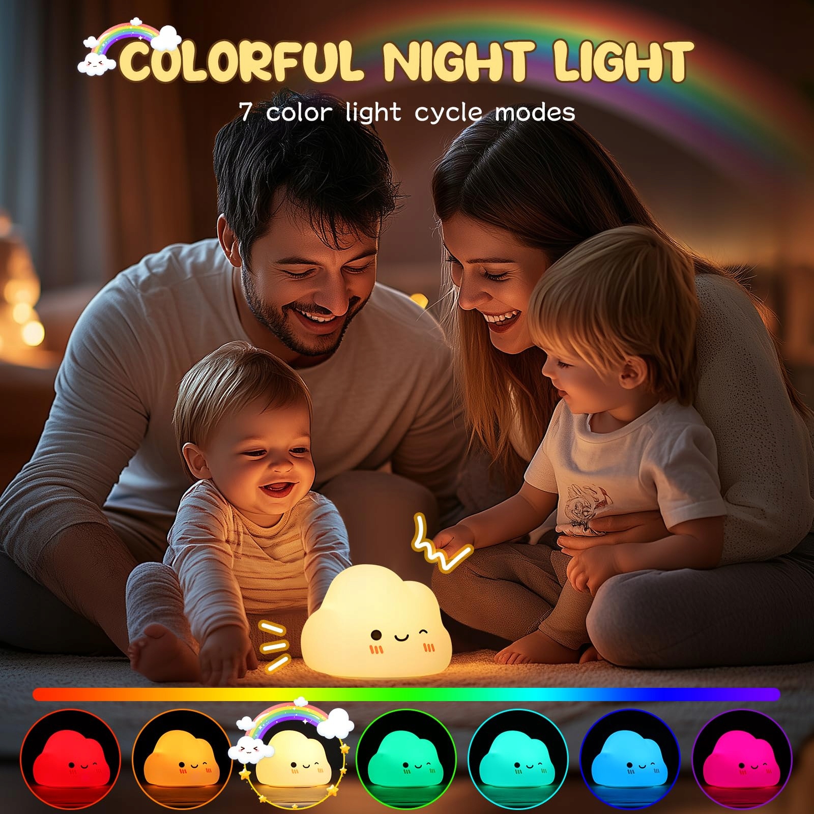 DIBONIUR Lampka Nocna Dla Dzieci Silikonowa Kawaii 7 Kolorów Dotykowa — miniatura 3