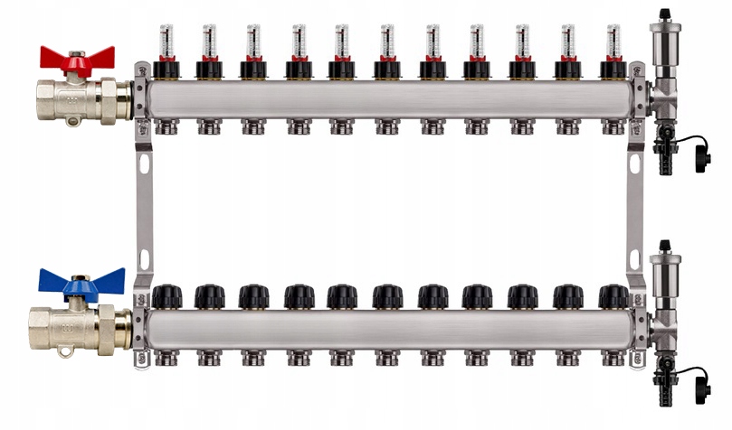Rozdělovač Pro Podlahovku 11 Nerezových Okruhů Jednoduchý Niklovaný Ventil