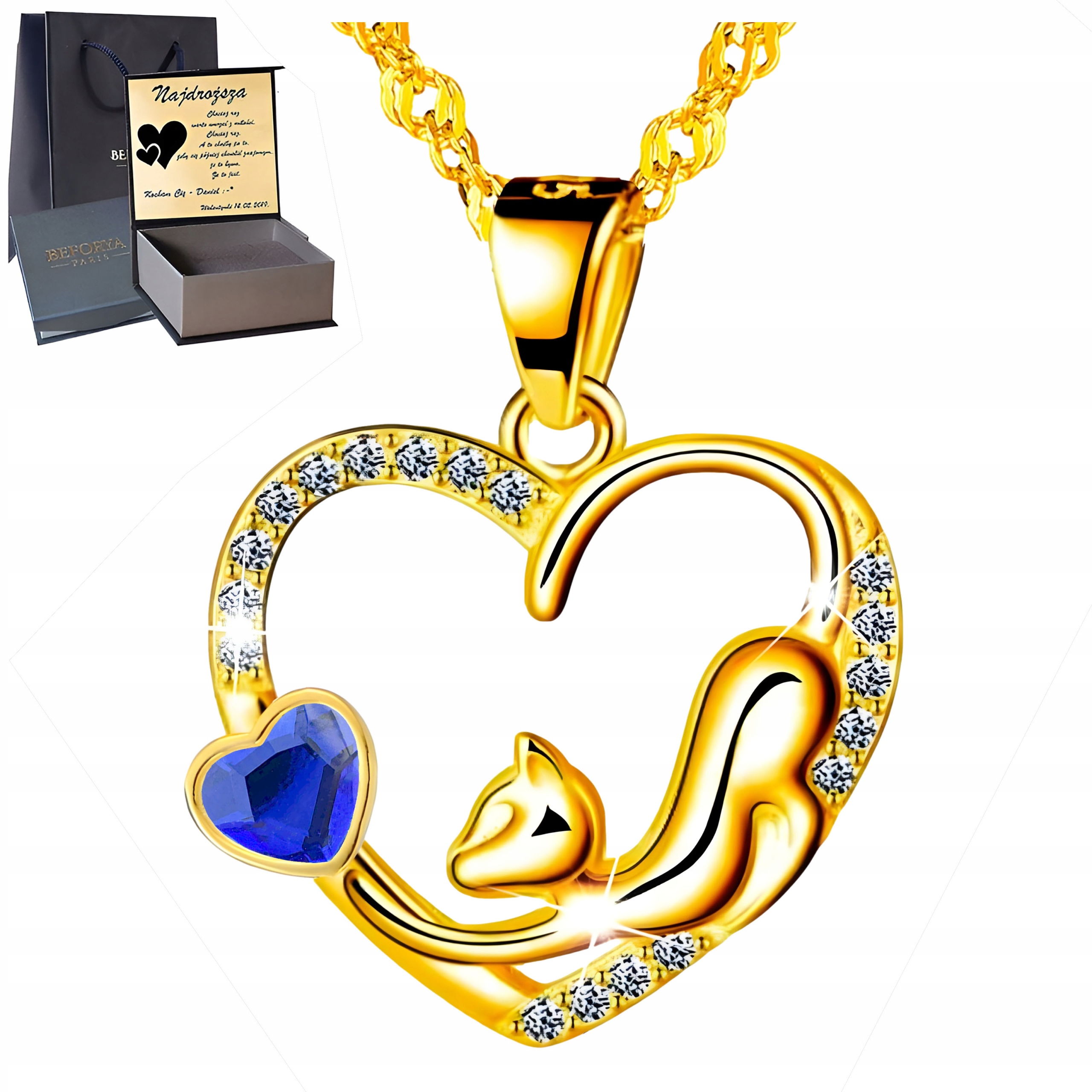 Zlatý náhrdelník Stříbro 925 Přívěsek s zirkony Kočka Srdce Gravírování
