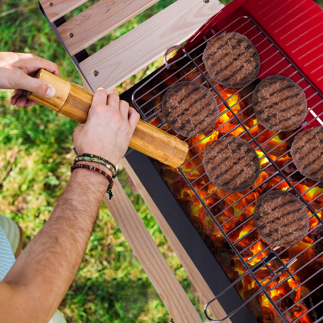 GRILL WĘGLOWY OGRODOWY CHROMOWANY RUSZT ROŻEN PRZENOŚNY REGULOWANY 2 PÓŁKI Szerokość rusztu 26.5 cm