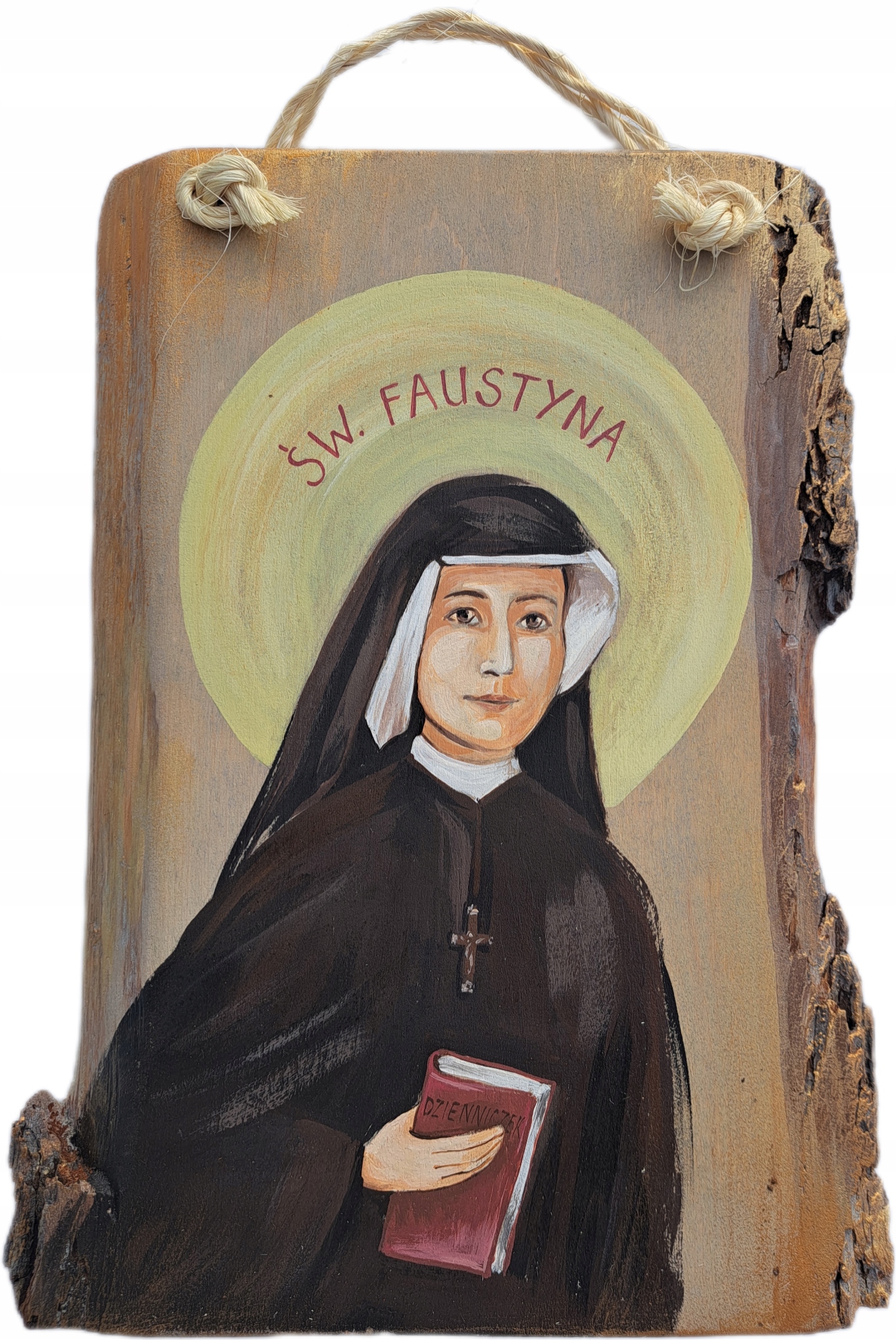 Ikona obraz masivní dřevo s kůrou sv. Faustyna jako dárek ručně malovaný