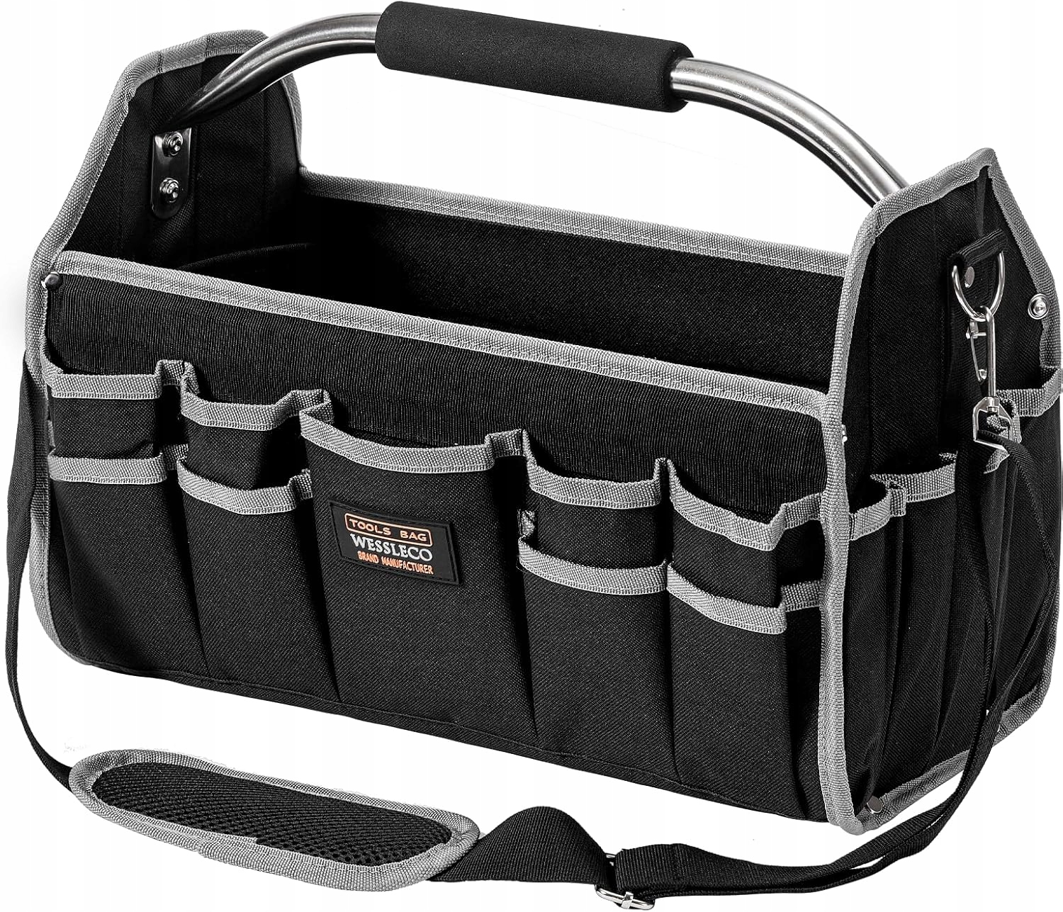Pracovní taška na nářadí otevřená s rukojetí, popruh na rameno velký 41×22×27 cm