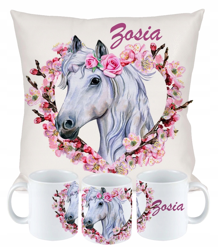 ZESTAW PODUSZKA KUBEK KOŃ KONIE prezent + IMIĘ