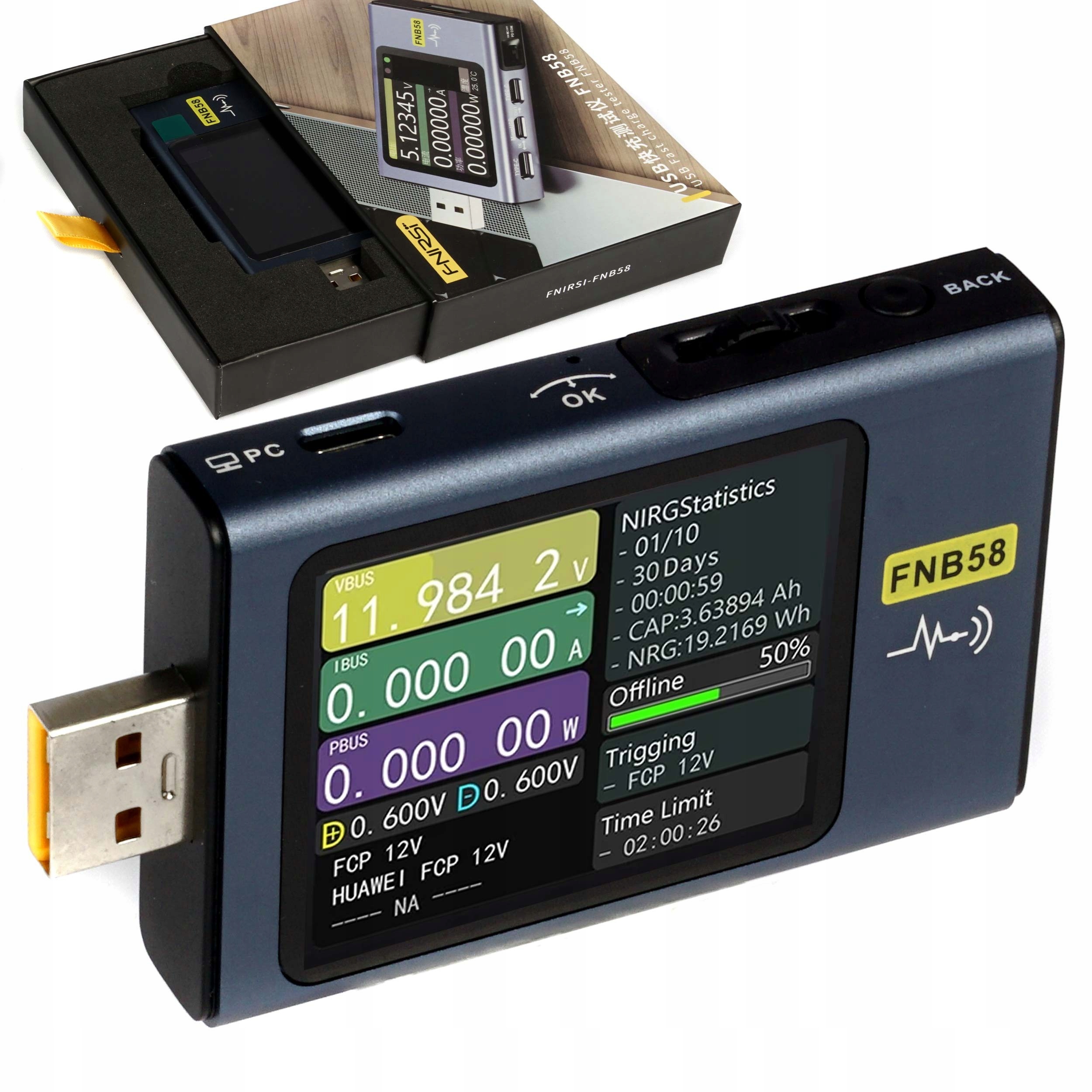 Multifunkční Usb tester s Bluetooth Usb-c napětím Fnirsi FNB58