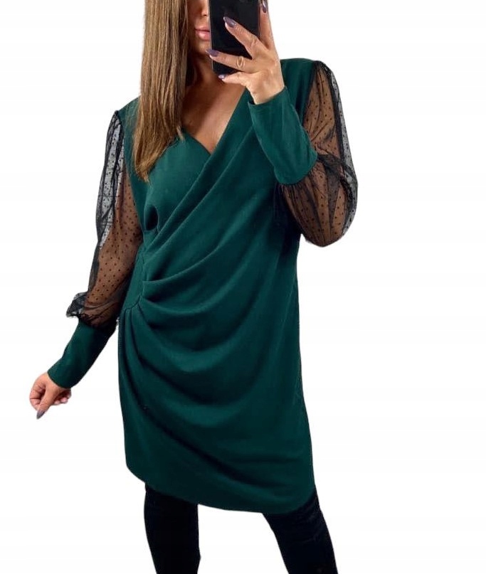 V996 Šaty Do Pásku S Tylovým Rukávem Zelené vel. 48 (4XL)