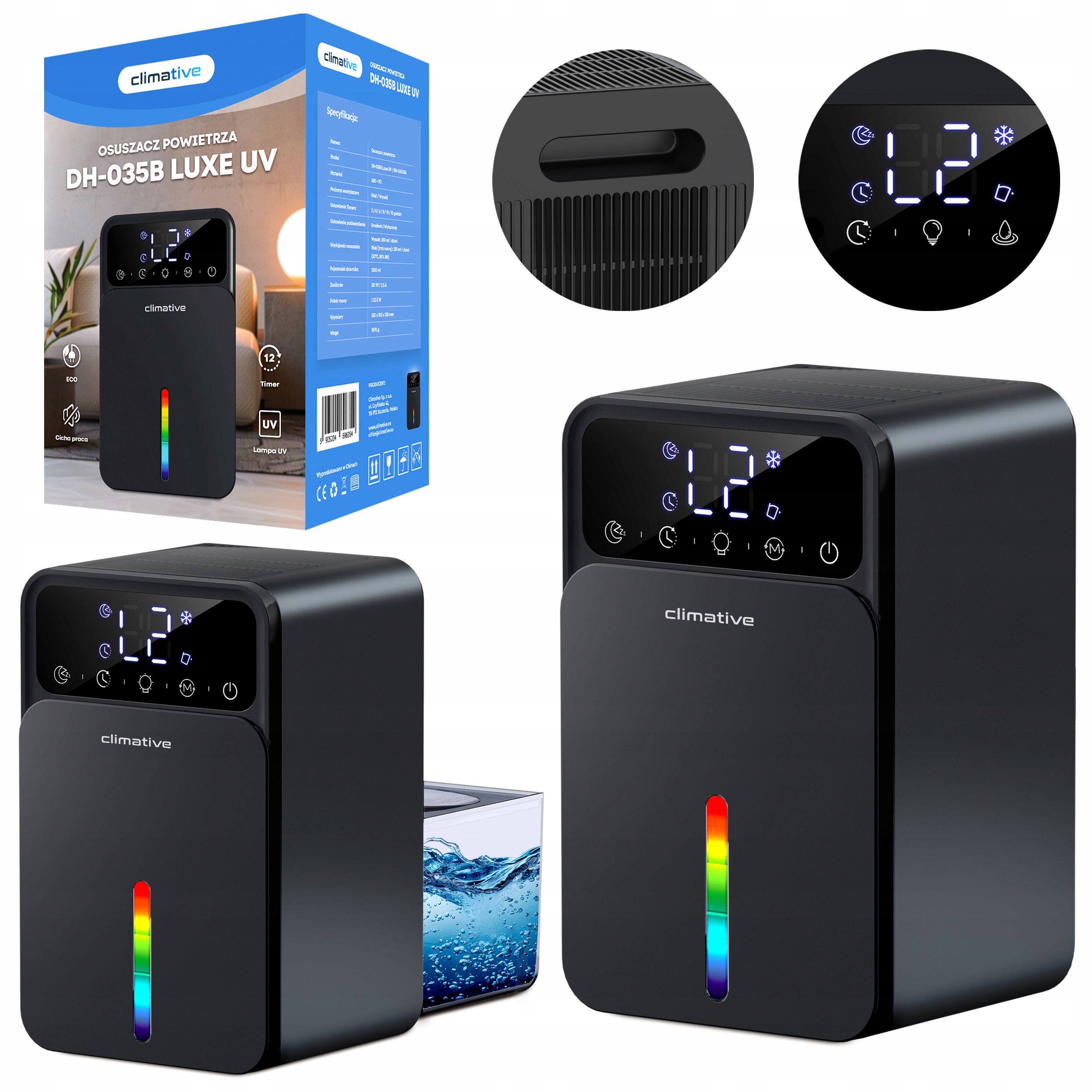 Cichy Pochłaniacz Wilgoci 1200ML Osuszacz Powietrza Luxe Uv Wydajny czarny