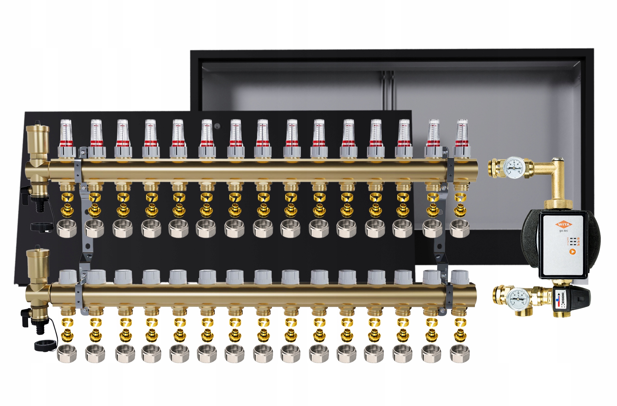 Rozdělovač pro podlahovku 15 okruhů s čerpadlem Wita podomítkový box +pex