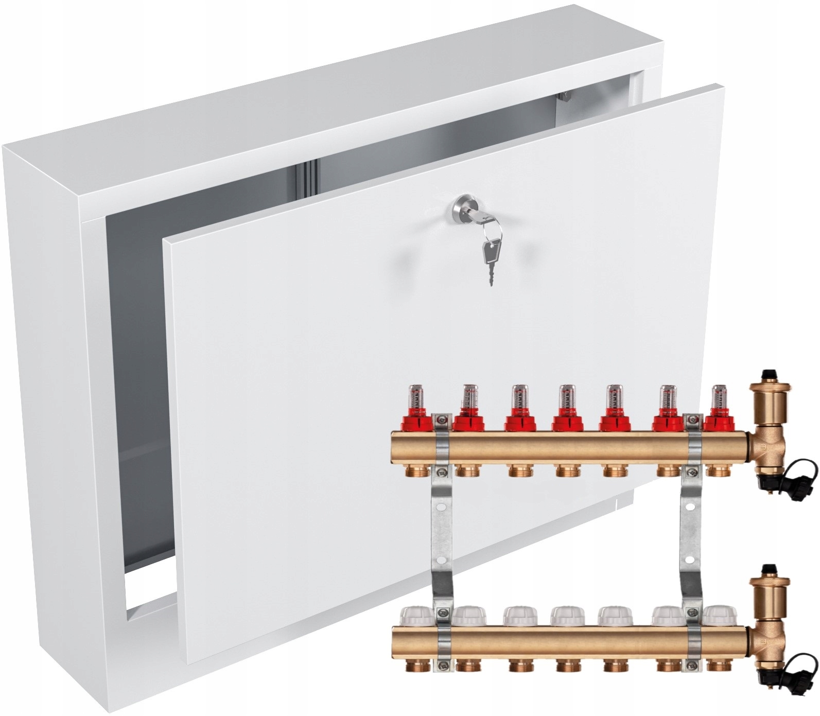 Mosazný rozdělovač pro podlahové topení 7 sekcí Nástěnná Skříňka