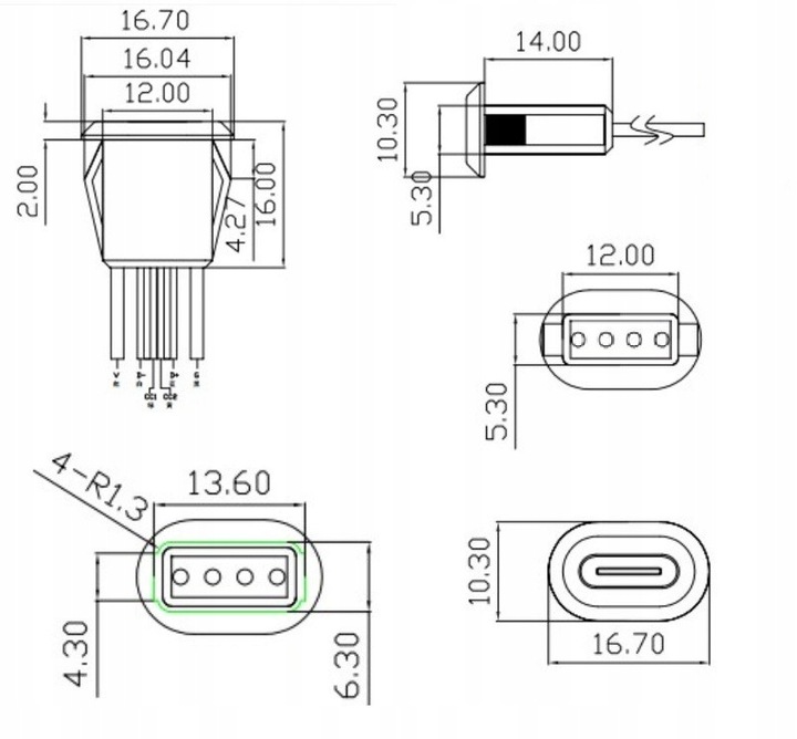 GNIAZDO USB TYP C DO OBUDOWY ZATRZASK 4-PRZEWODY Kod producenta 5159