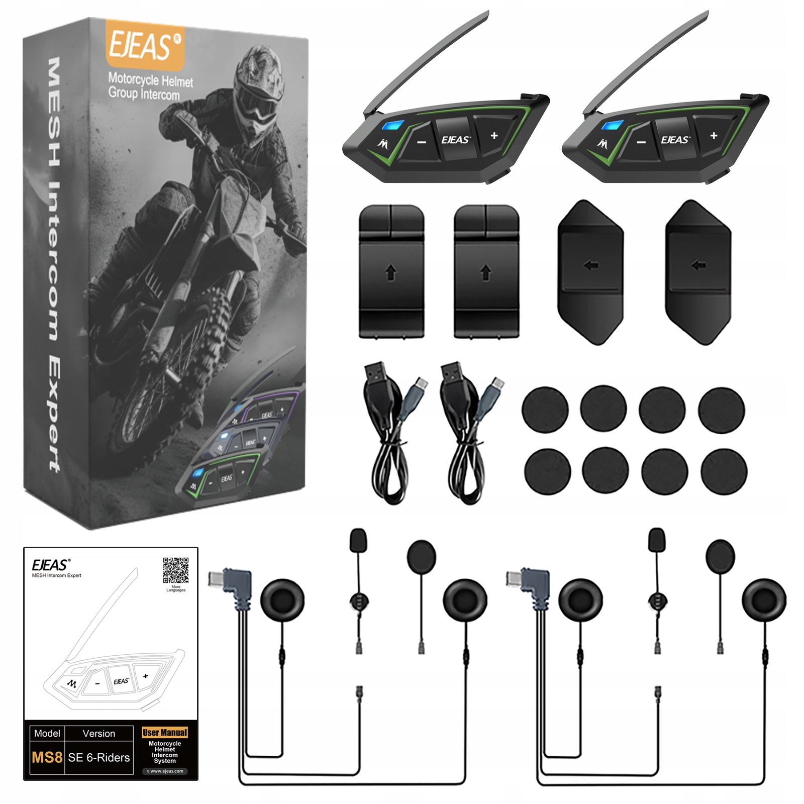 Sada Na 2 Prilby Ejeas MS8-SE Motocyklový Interkom Max 6 Osôb 1000 M Mesh