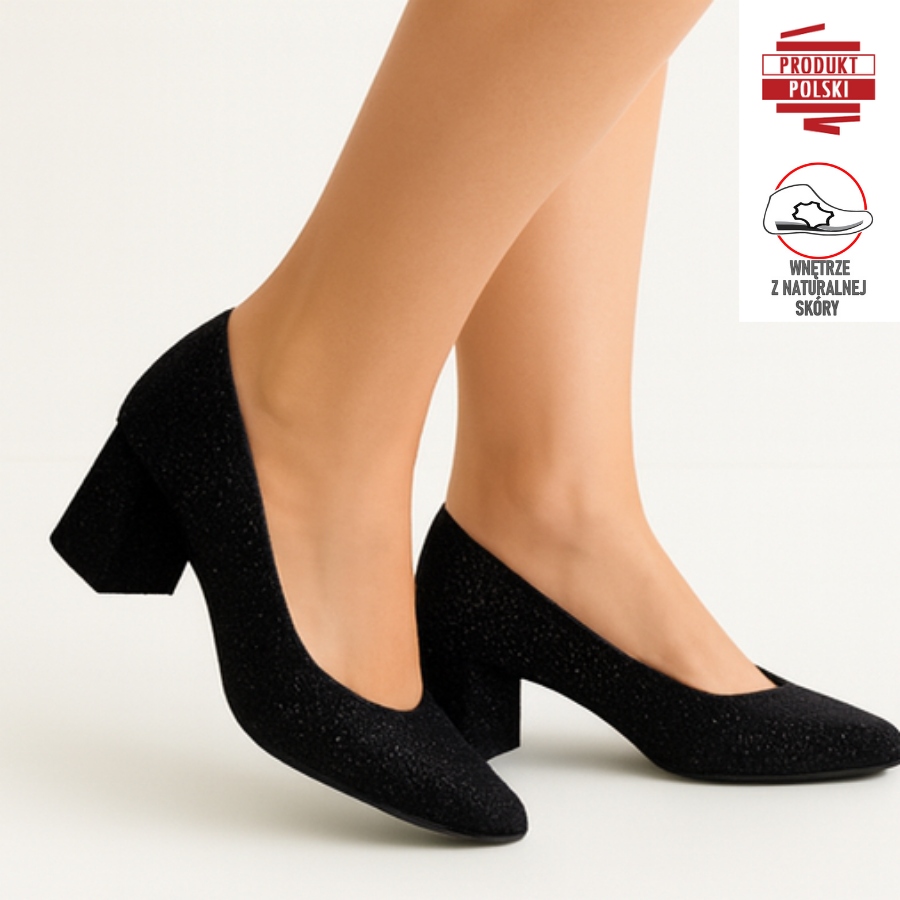 Černé Třpytivé Lodičky Na Podpatku S Nízkým Podpatkem, Kožená Vložka 39