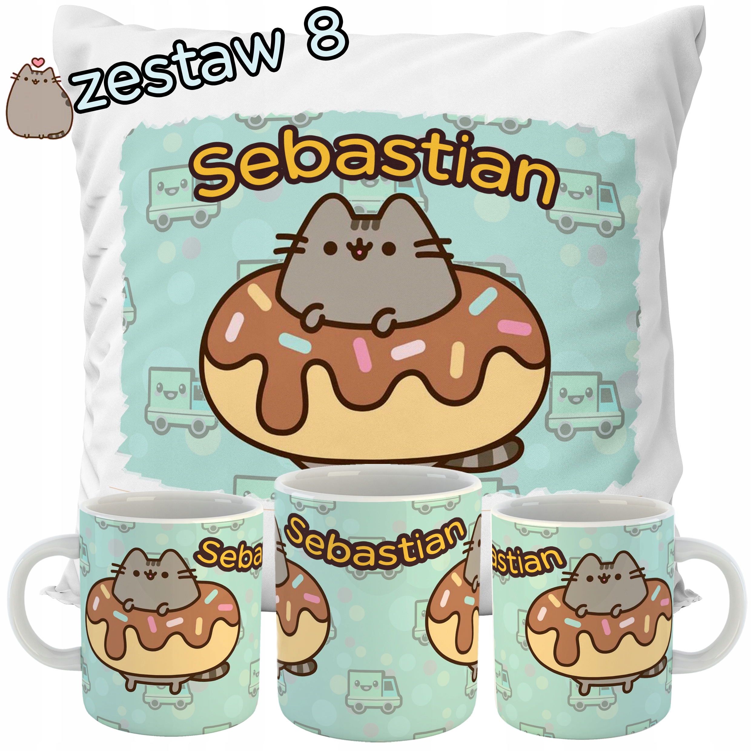 ZESTAW PODUSZKA + KUBEK PUSHEN CAT + IMIĘ PREZENT URODZINY DZIEŃ DZIECKA Kolor dominujący wielokolorowy